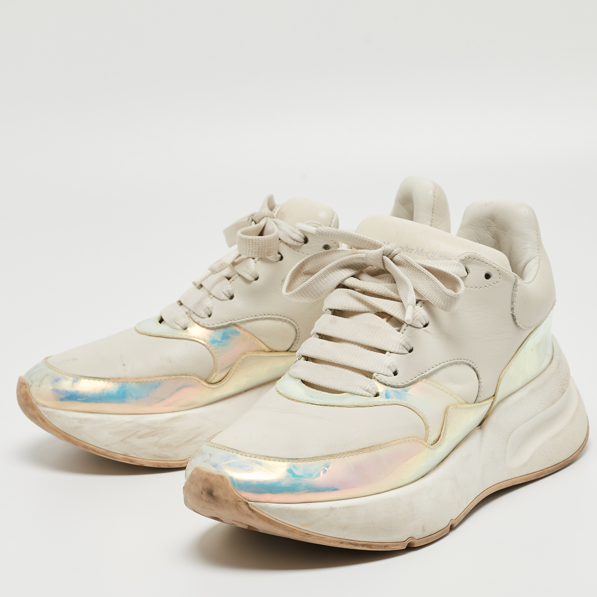 Alexander McQueen White/Holographic Leather Oversized Runner Sneakers Size 39.5