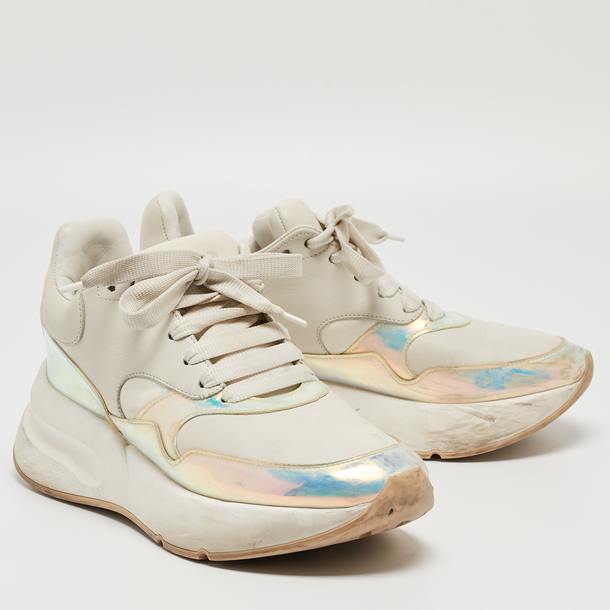 Alexander McQueen White/Holographic Leather Oversized Runner Sneakers Size 39.5