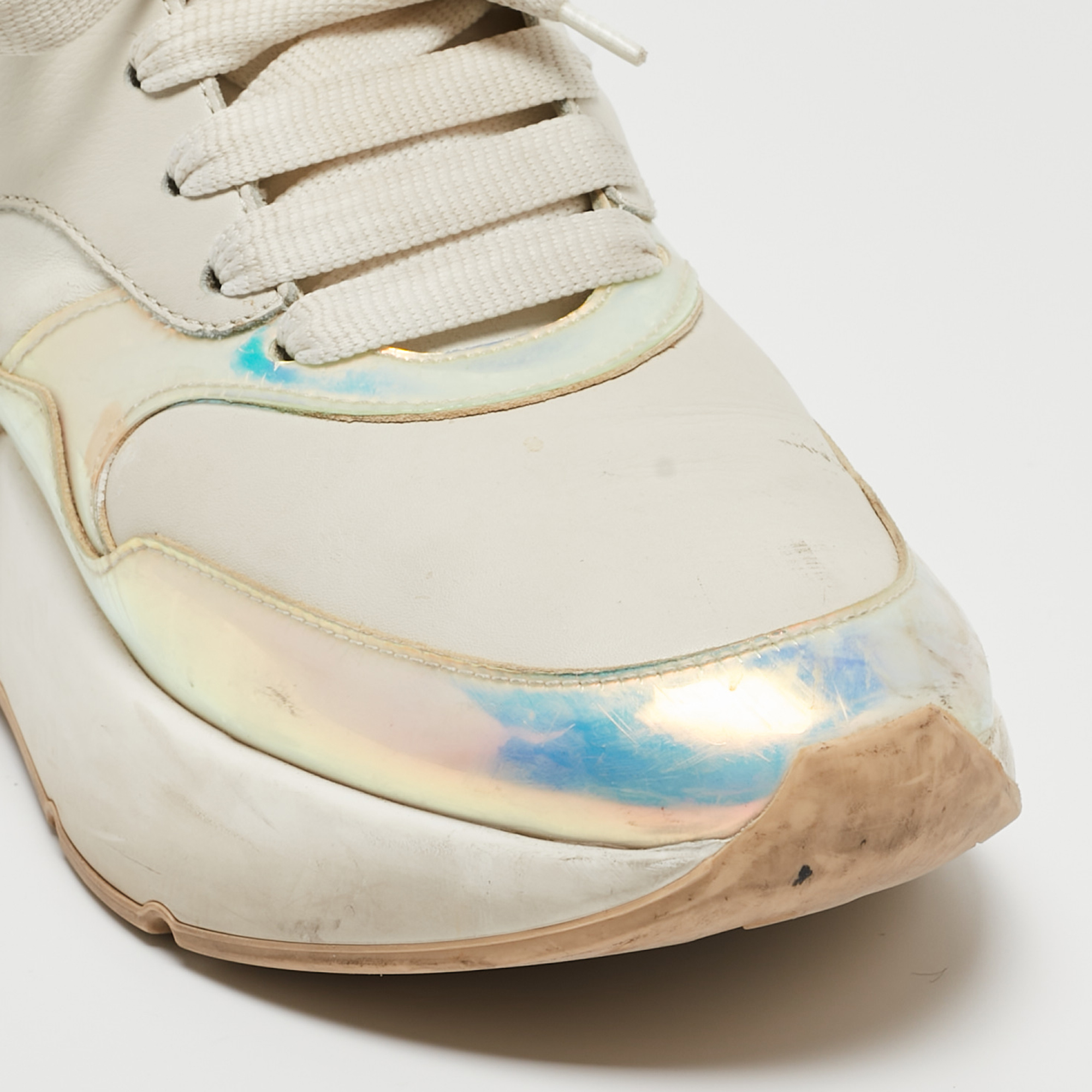Alexander McQueen White/Holographic Leather Oversized Runner Sneakers Size 39.5