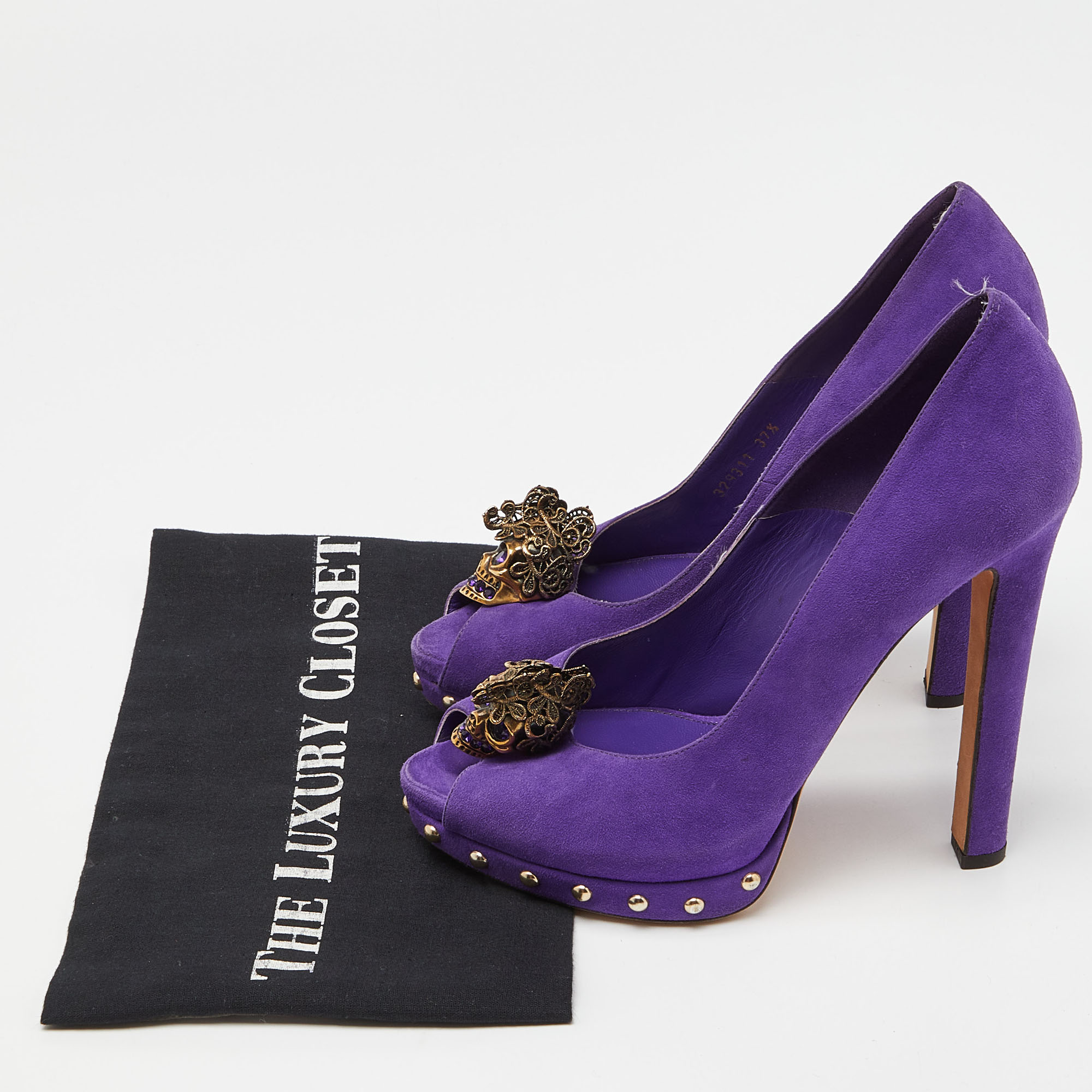 Alexander McQueen Purple Suede Skull Embellished Peep Toe Platform Pumps Size 37.5