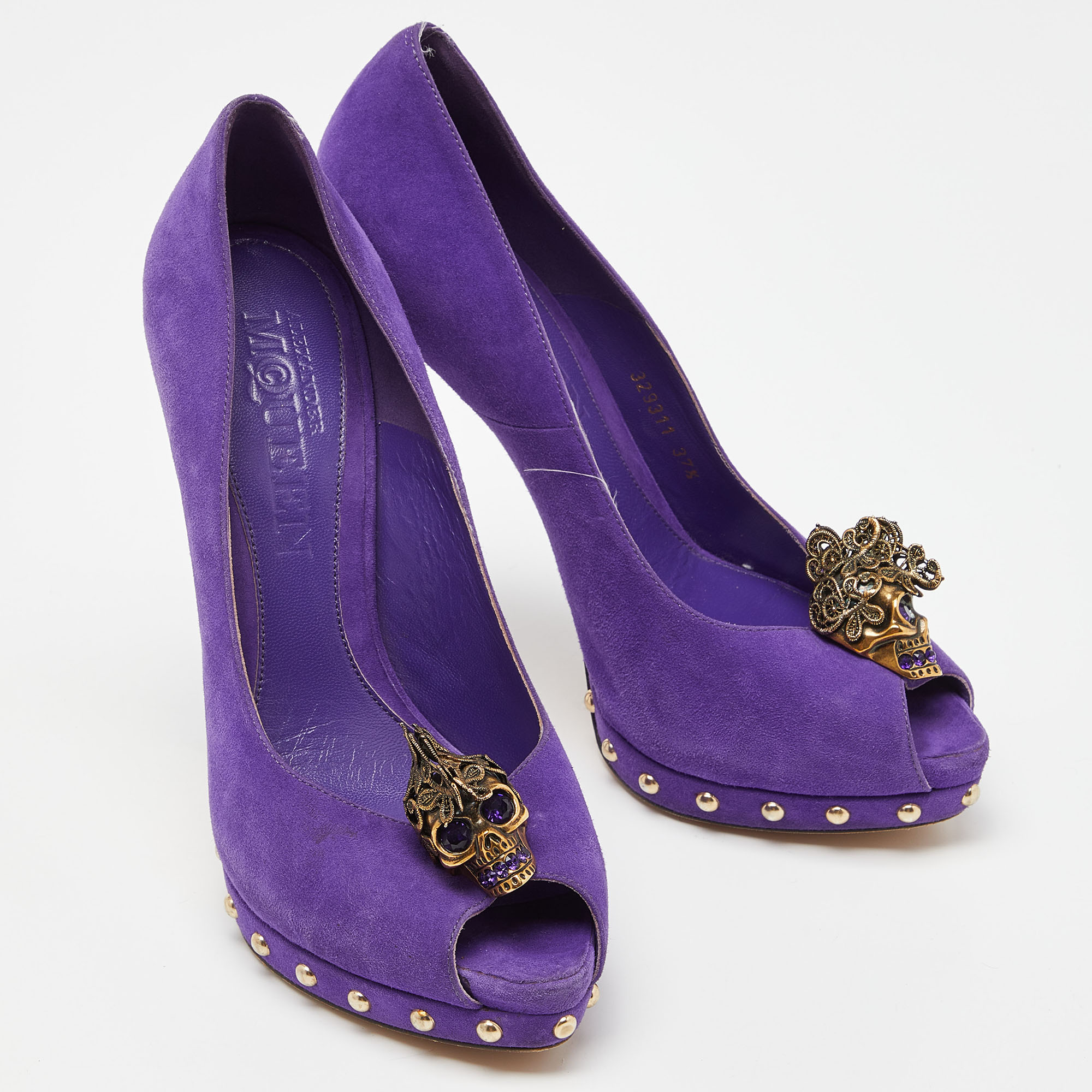 Alexander McQueen Purple Suede Skull Embellished Peep Toe Platform Pumps Size 37.5