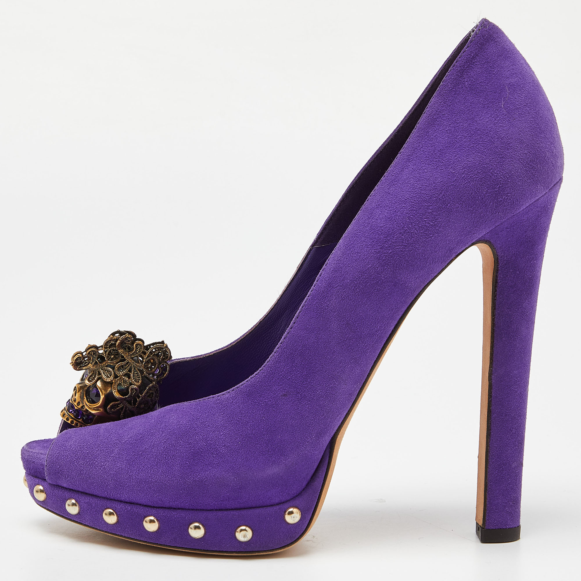 

Alexander McQueen Purple Suede Skull Embellished Peep Toe Platform Pumps Size