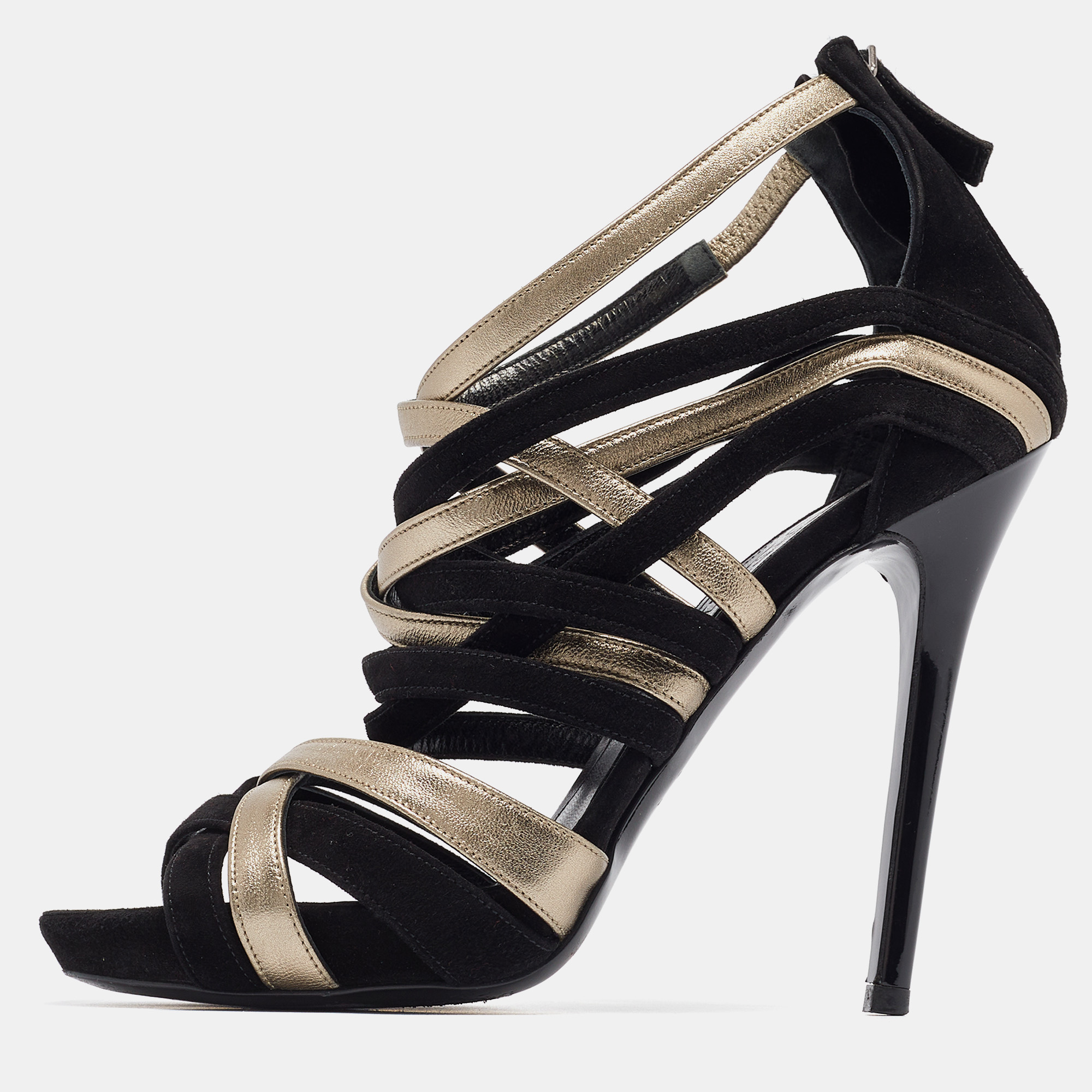 Alexander mcqueen black/grey leather and suede strappy sandals size 37.5