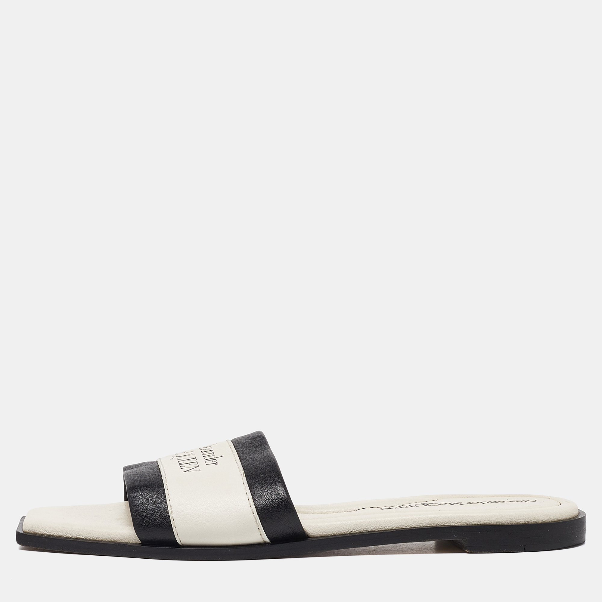 

Alexander McQueen Ivory/Black Leather Flat Slides Size, White