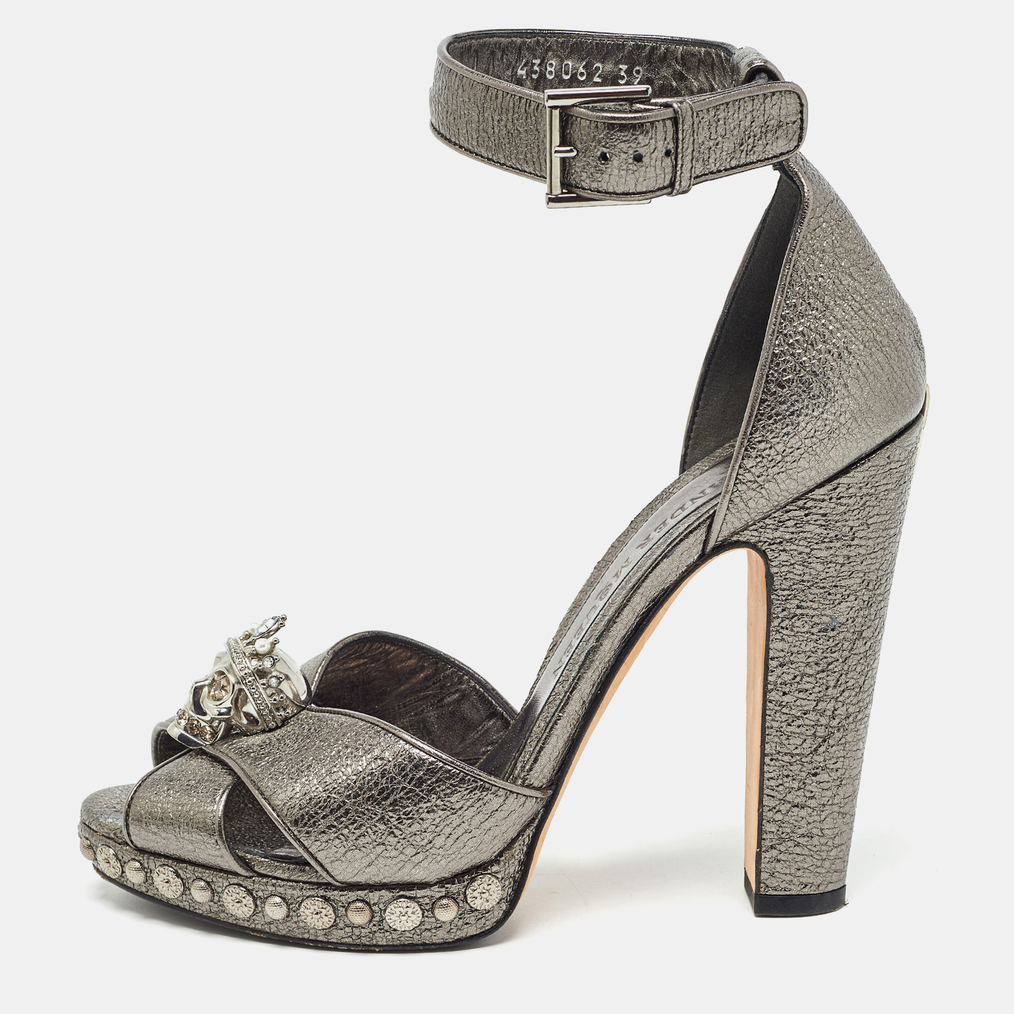 Alexander mcqueen metallic  leather crystal embellished skull ankle strap sandals size 39