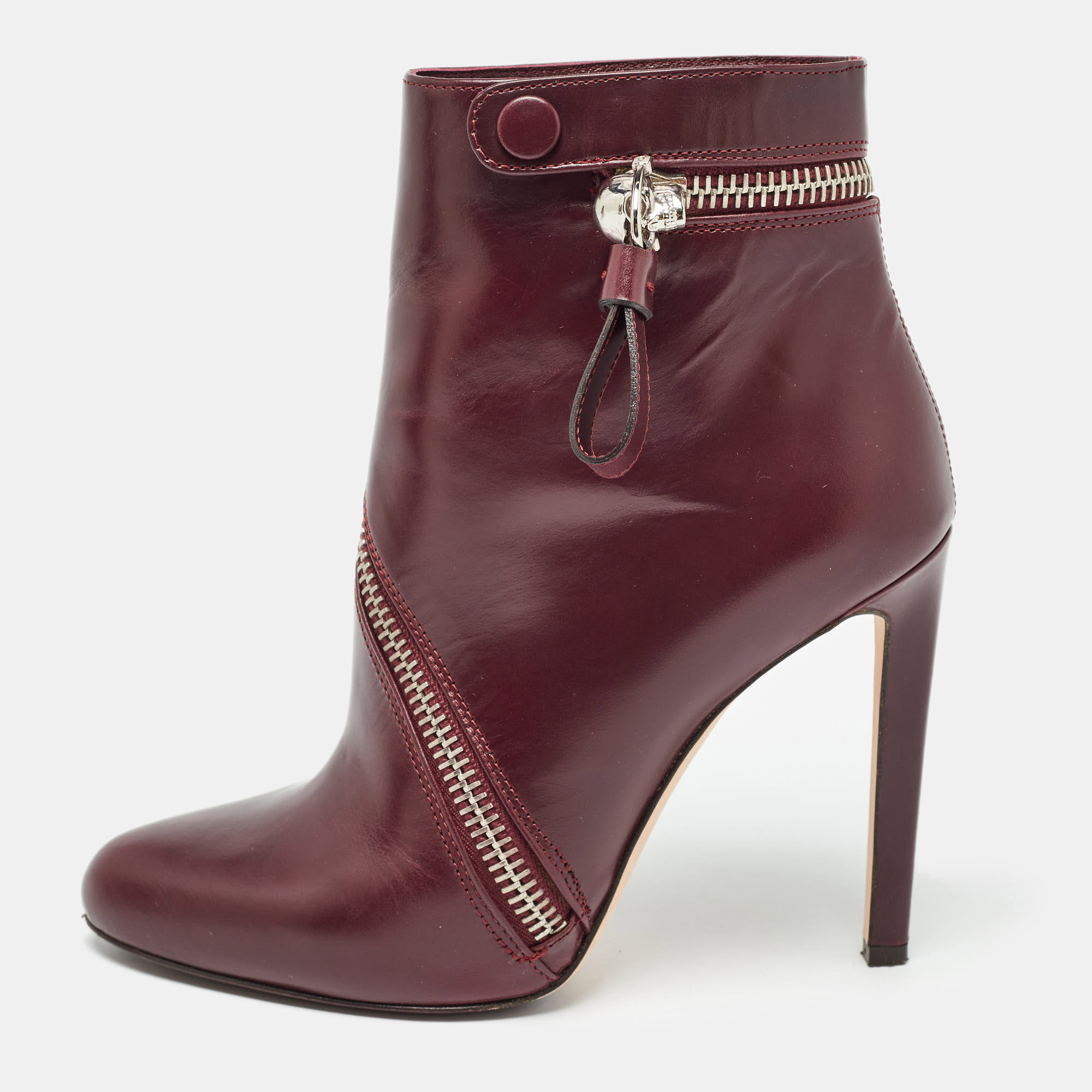 Alexander mcqueen burgundy leather spiral zip detail ankle boots size 39