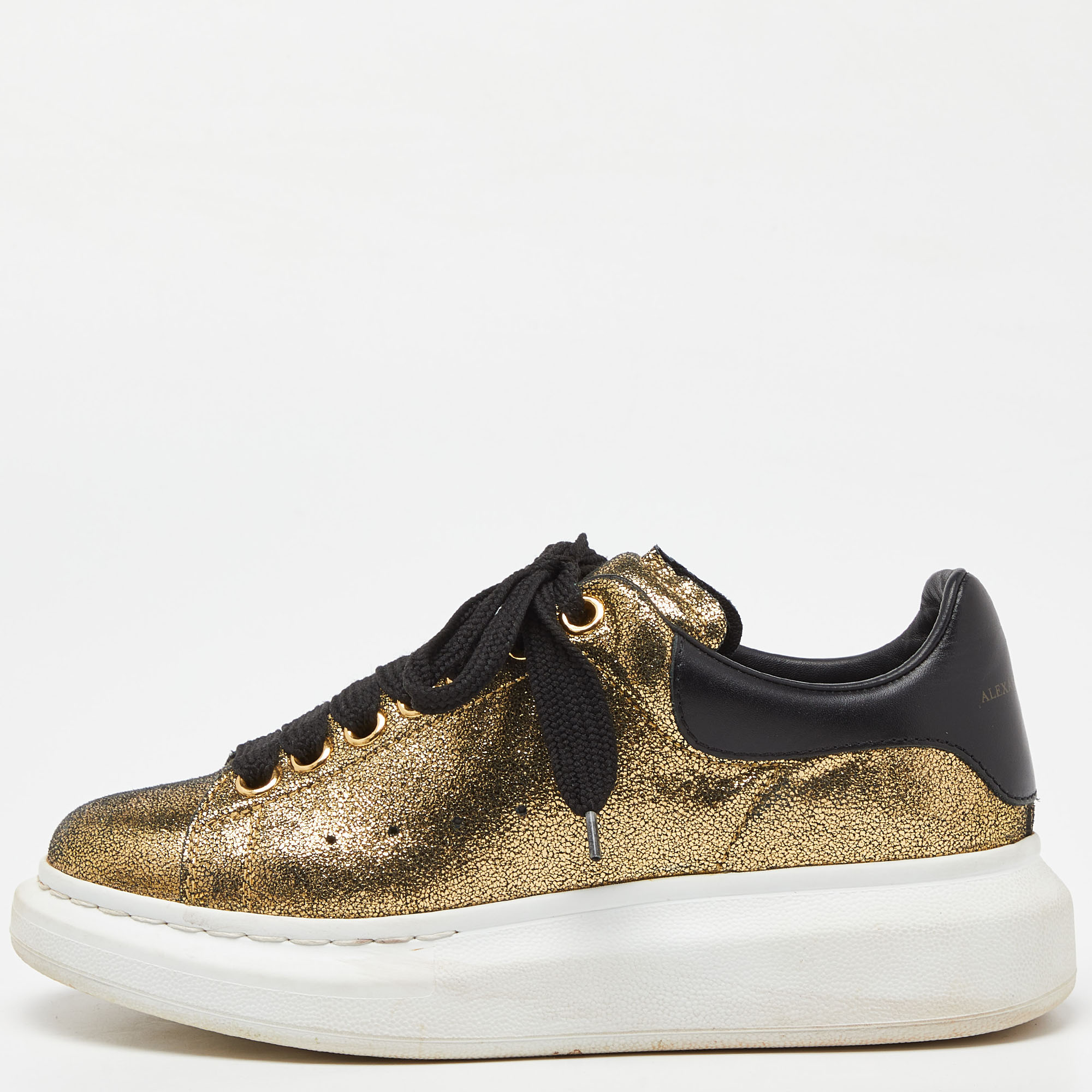 Alexander mcqueen gold/black texture leather classic larry lace up sneakers size 36.5