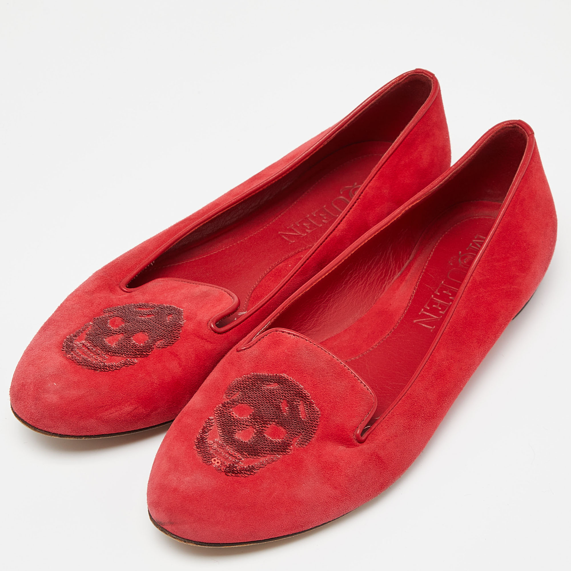 Alexander McQueen Red Suede Sequins Skull Smoking Slippers Size 37