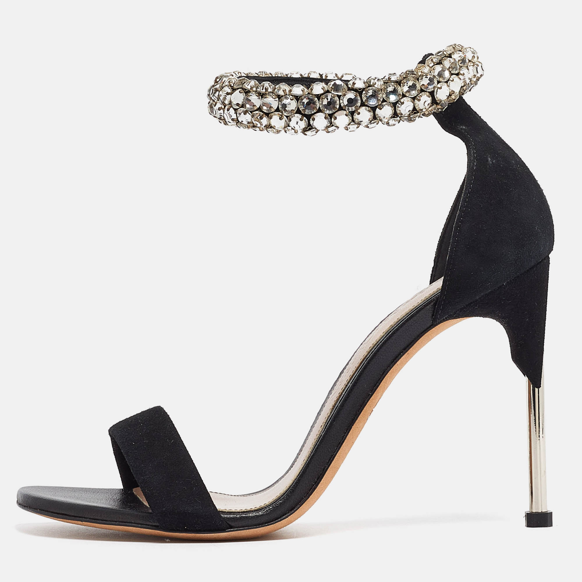 Alexander mcqueen black suede crystal embellished ankle cuff sandals size 36