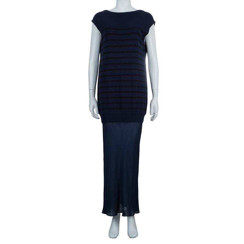 

T By Alexander Wang Navy Blue Striped Knit Upper Sheer Bottom Oversized Maxi Dress