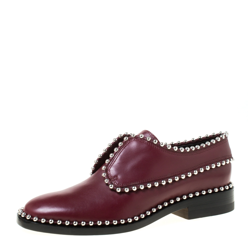 Image of Alexander Wang Burgundy Leather Stud Trim Brogues Loafers Size .