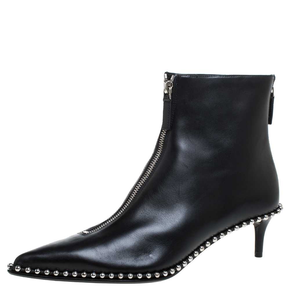 Image of Alexander Wang Black Leather Eri Studded Pointed Toe Ankle Boots Size .