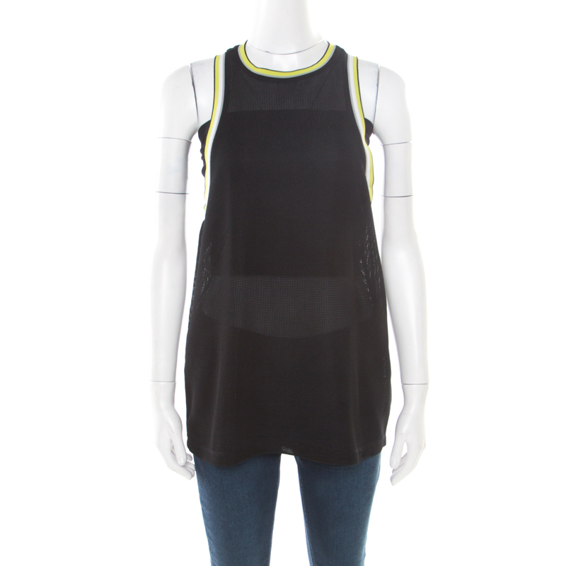 Image of T by Alexander Wang Black Waffle Knit Neon Contrast Trim Tank Top S