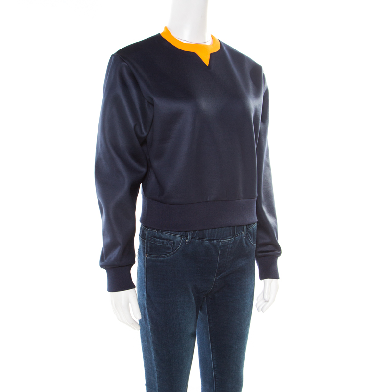 T By Alexander Wang Navy Blue Neoprene Fleece Lined Oversized Cropped Sweatshirt XS
