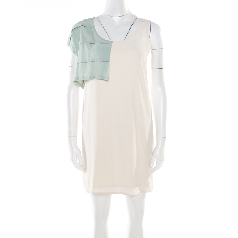 

Alexander Wang Cream Silk Pleated Overlay Detail Asymmetric Sleeveless Shift Dress