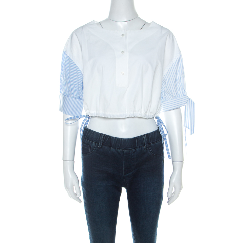 Image of Alexander Wang Bleach White Cotton Contrast Sleeve Detail Henley Crop Top M