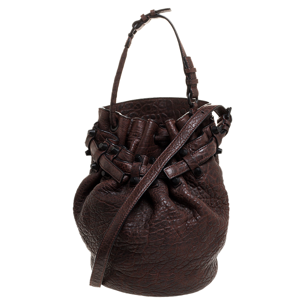 Image of Alexander Wang Dark Brown Textured Leather Diego Bucket Bag