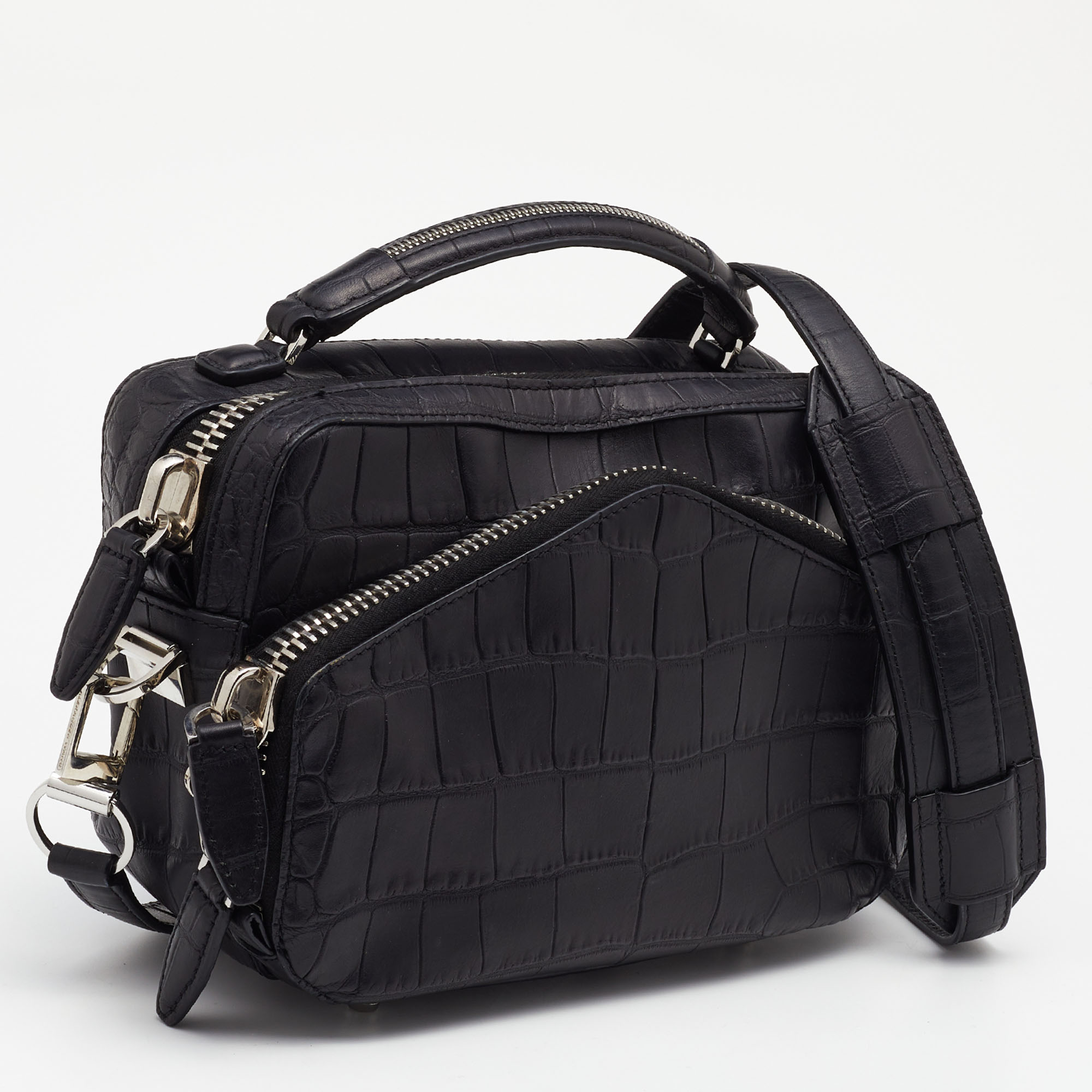 Alexander Wang Black Croc Embossed Leather Front Pocket Top Handle Bag