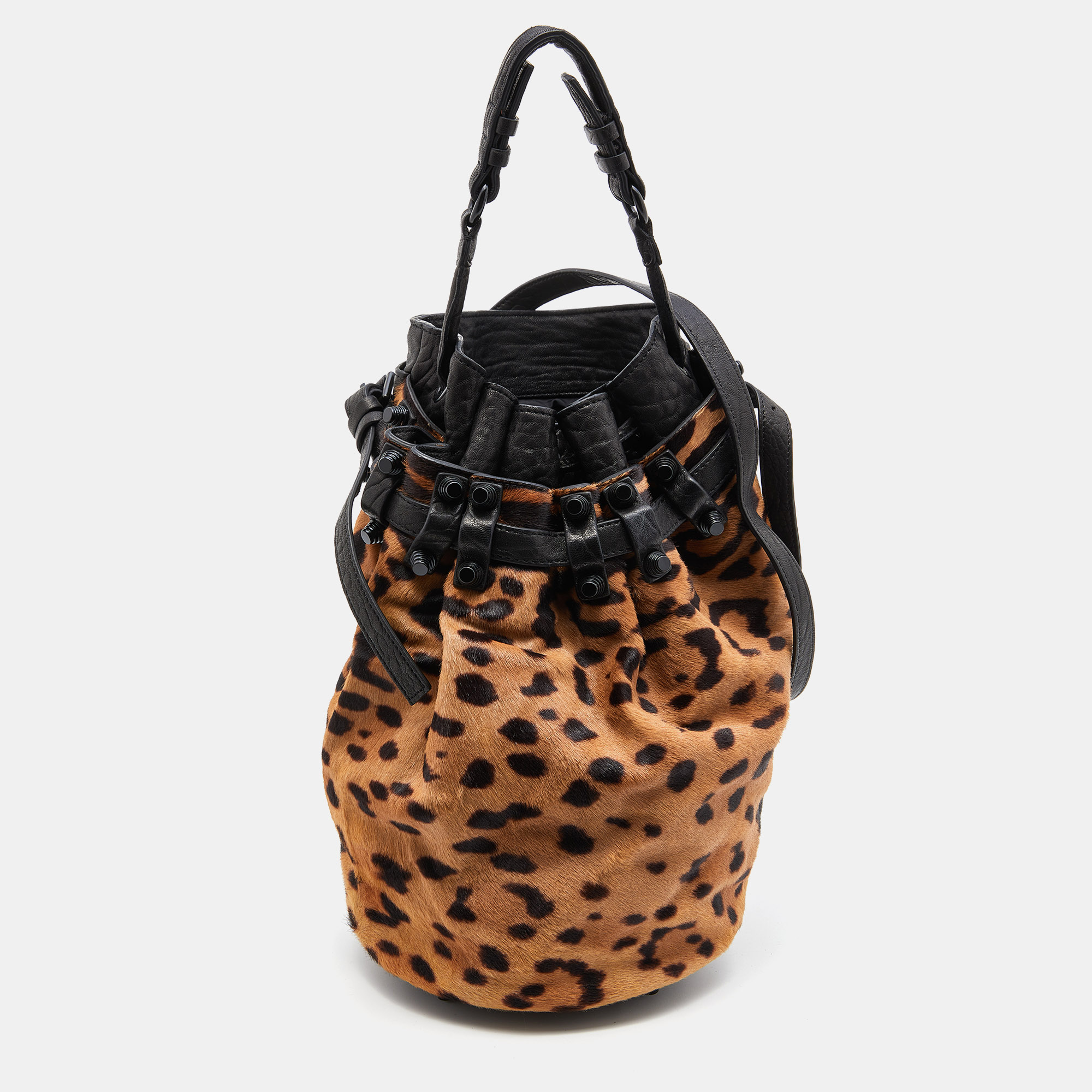 Alexander Wang Black/Brown Leopard Print Calfhair And Leather Diego Bucket Bag