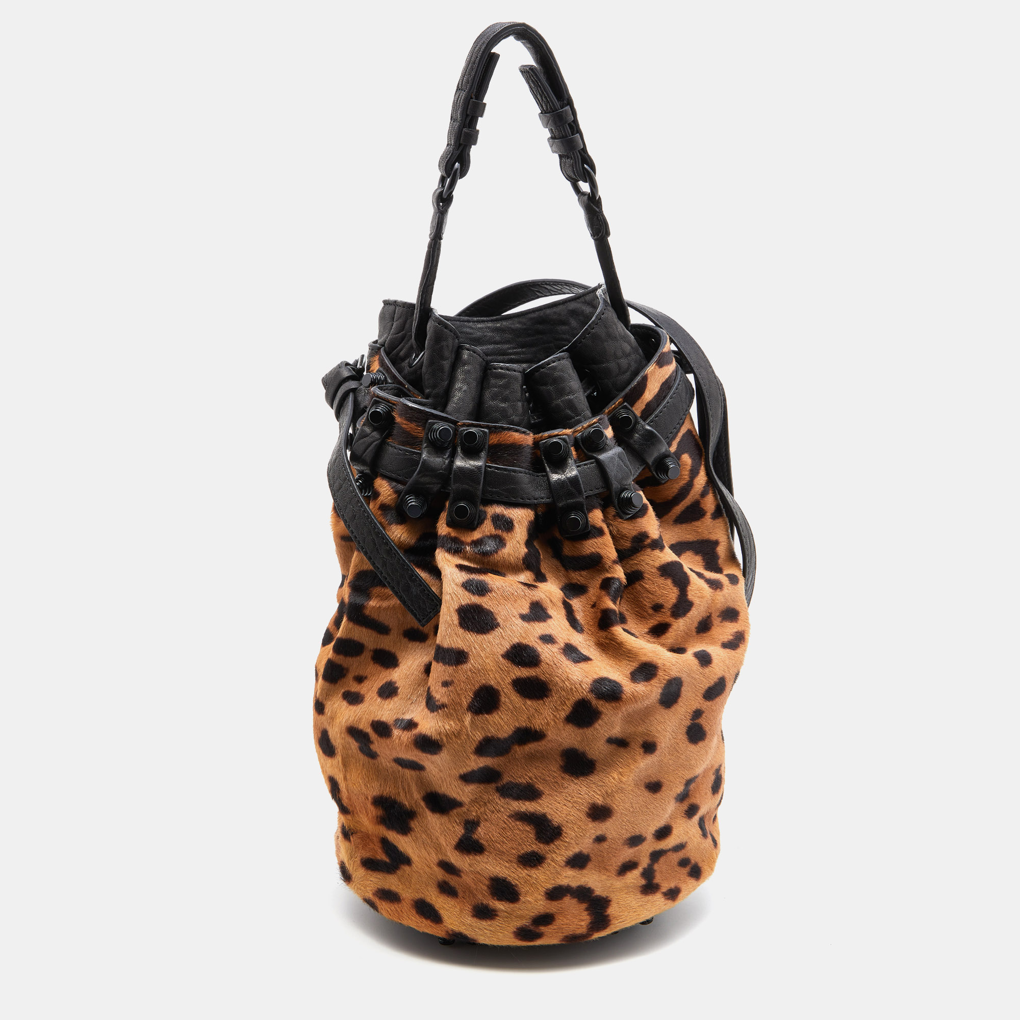 Alexander Wang Black/Brown Leopard Print Calfhair And Leather Diego Bucket Bag