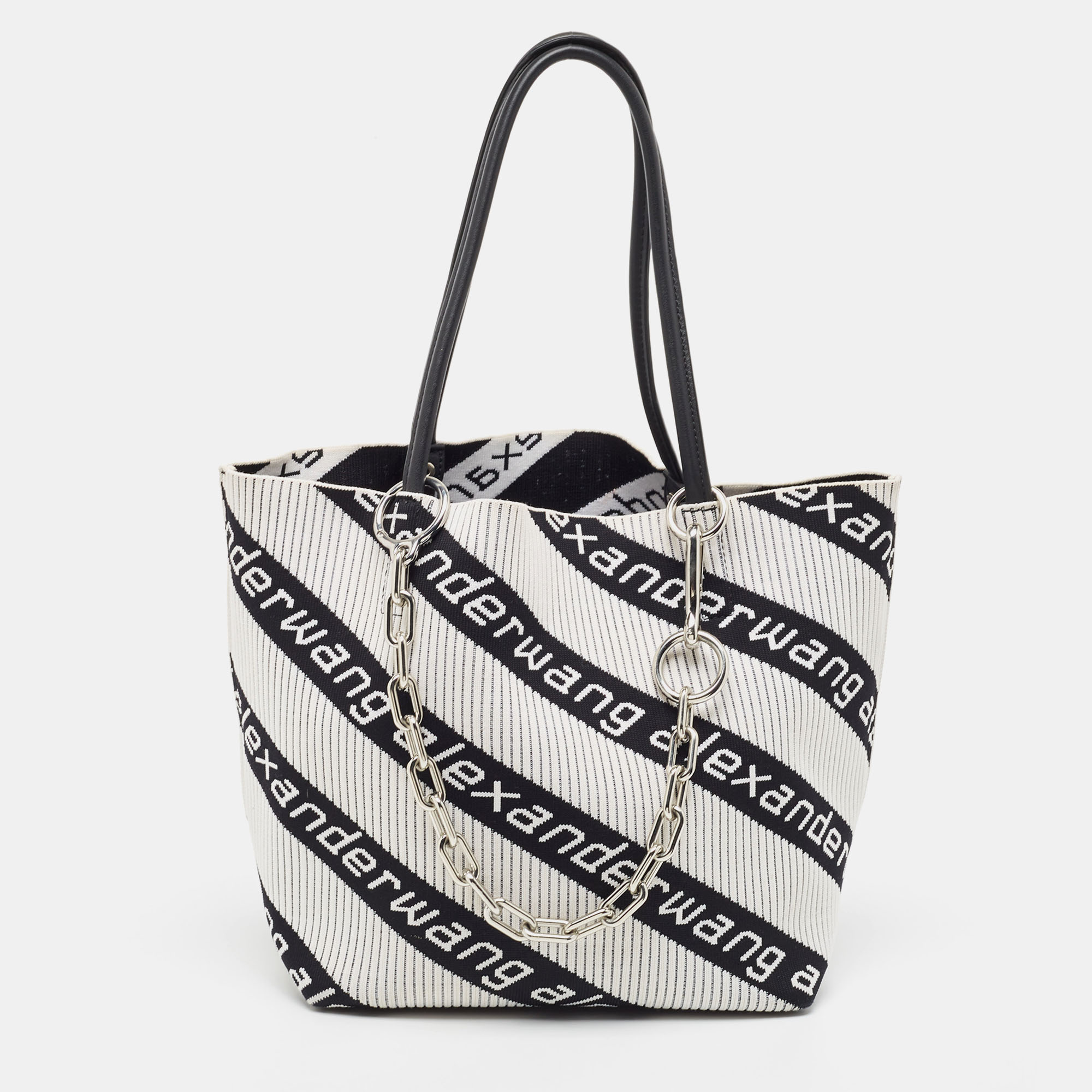 Alexander Wang White/Black Knit Fabric Jacquard Diagonal Logo Roxy Tote