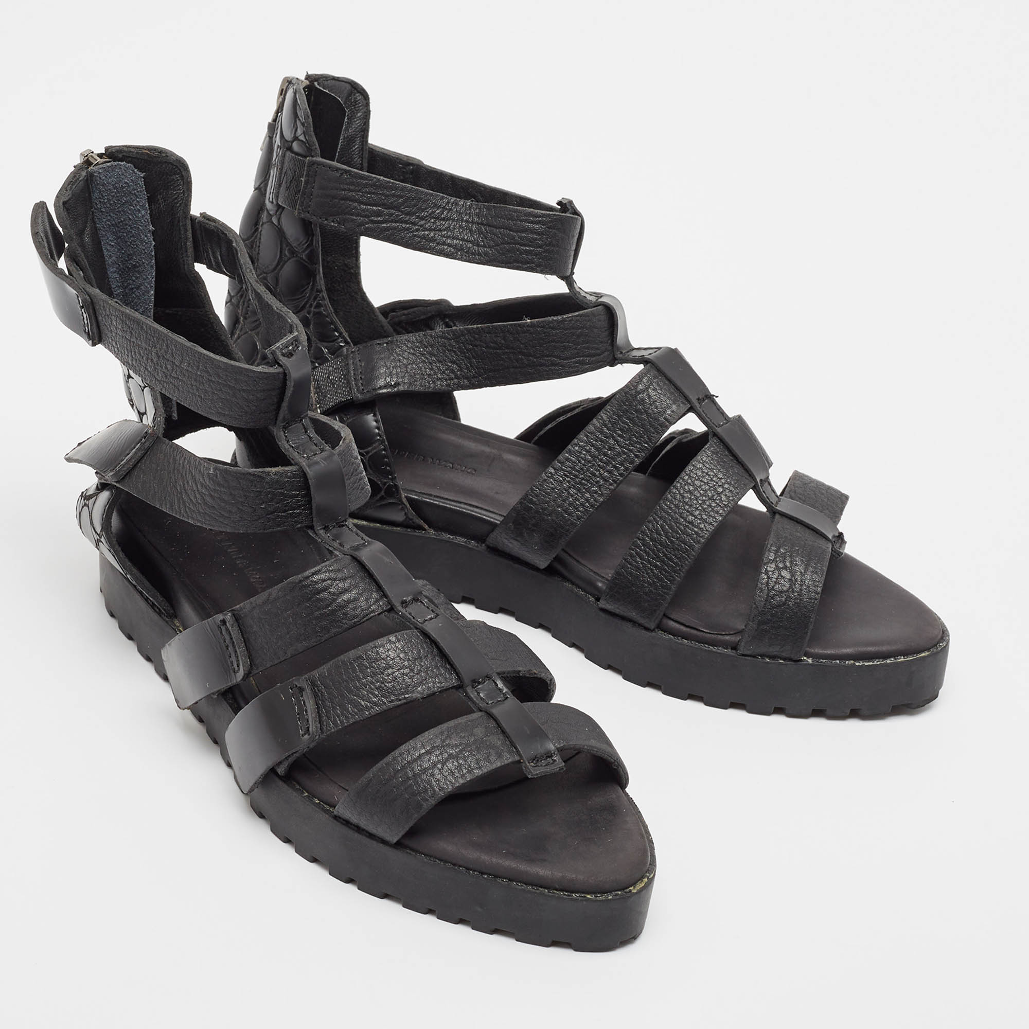 Alexander Wang Black Croc Embossed Leather And Faux Lizard Leather Flat Sandals Size 37