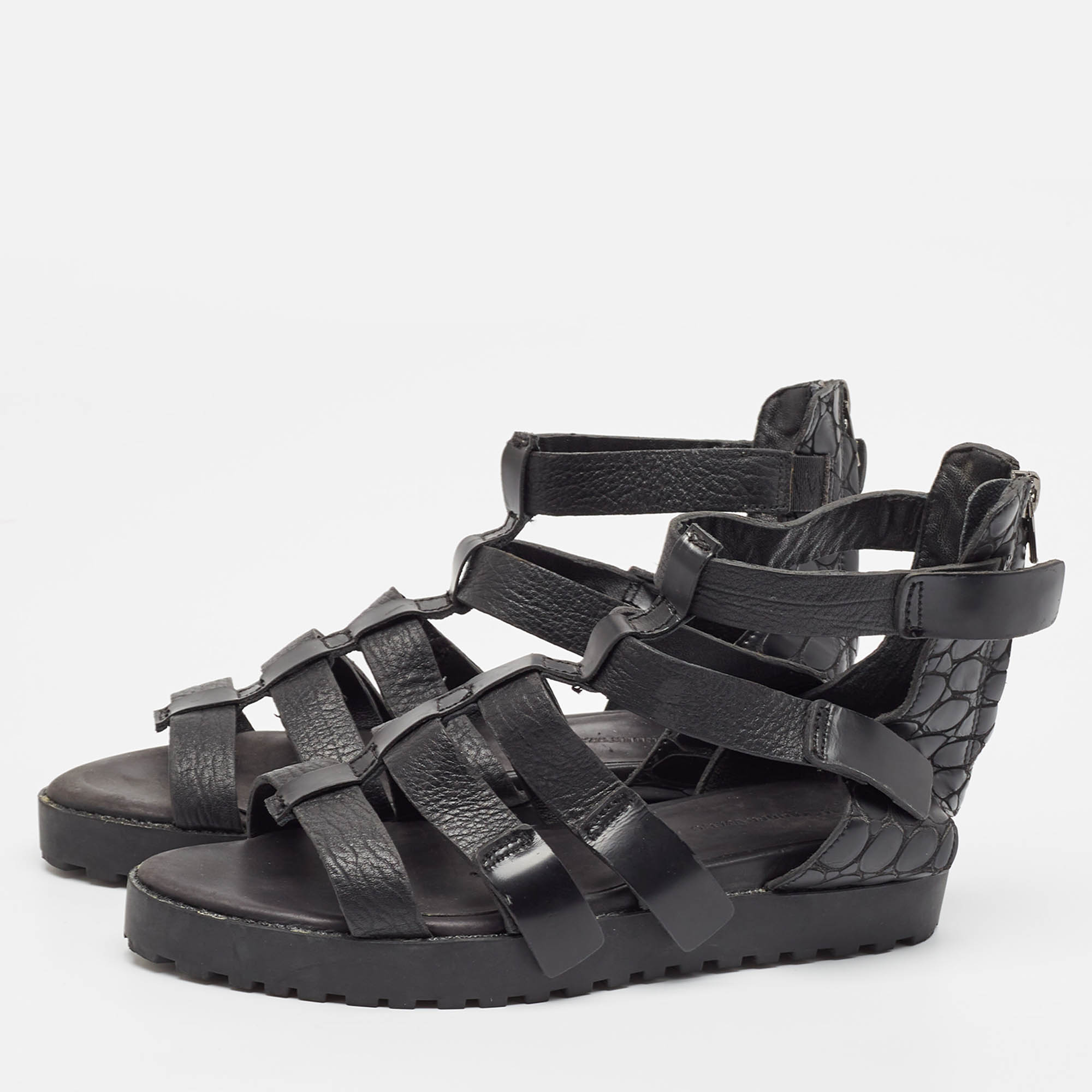 Alexander Wang Black Croc Embossed Leather And Faux Lizard Leather Flat Sandals Size 37