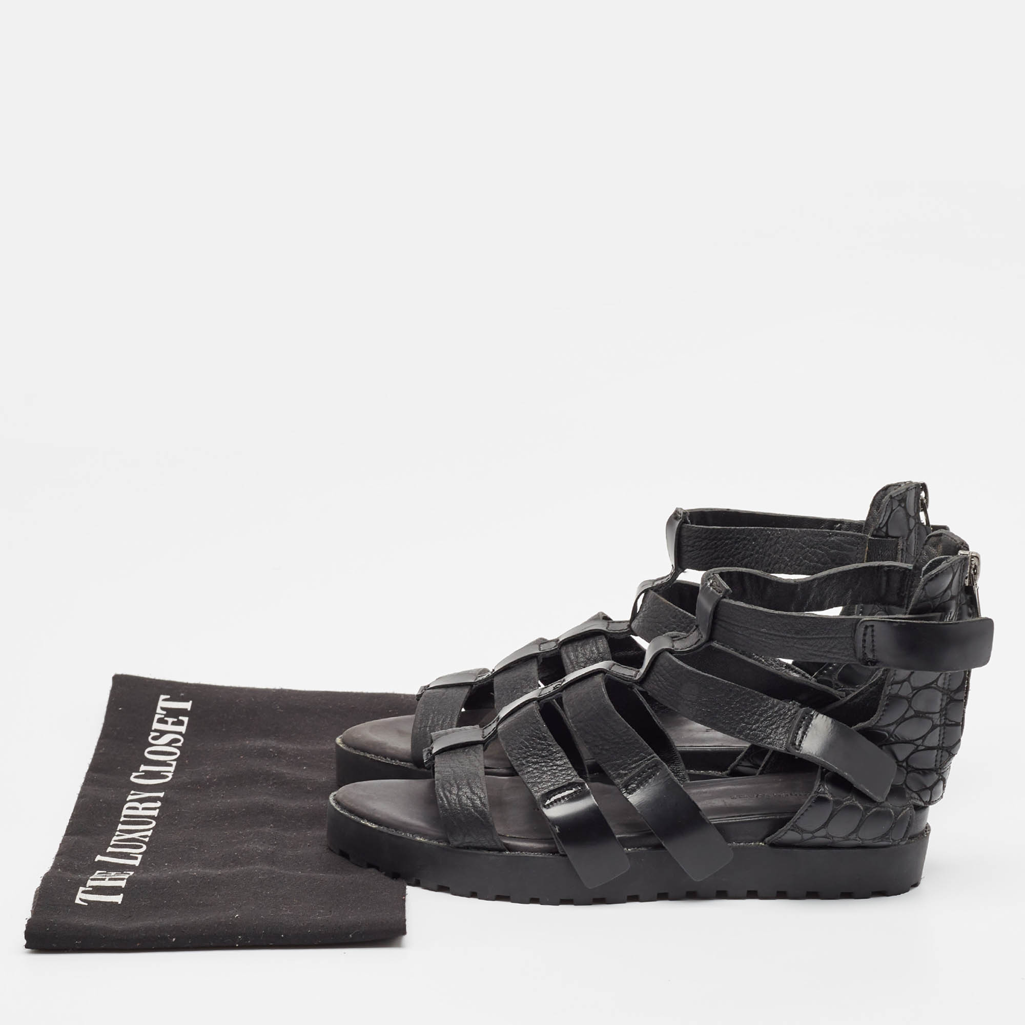 Alexander Wang Black Croc Embossed Leather And Faux Lizard Leather Flat Sandals Size 37