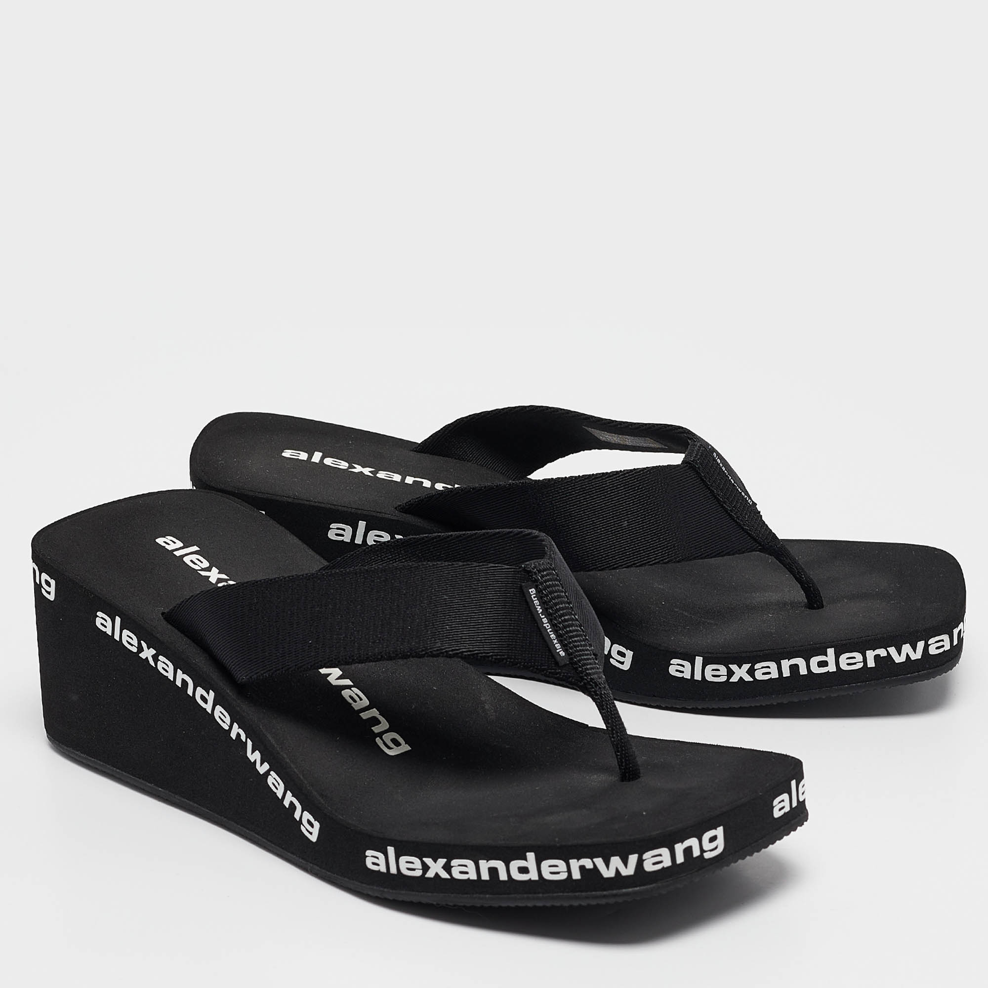 Alexander Wang Black Canvas Thong Wedge Sandals Size 37