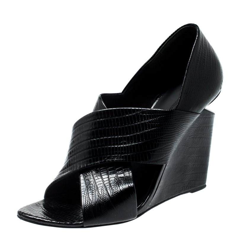 Image of Alexander Wang Black Lizard Embossed Leather Cross Strap Wedge Sandals Size