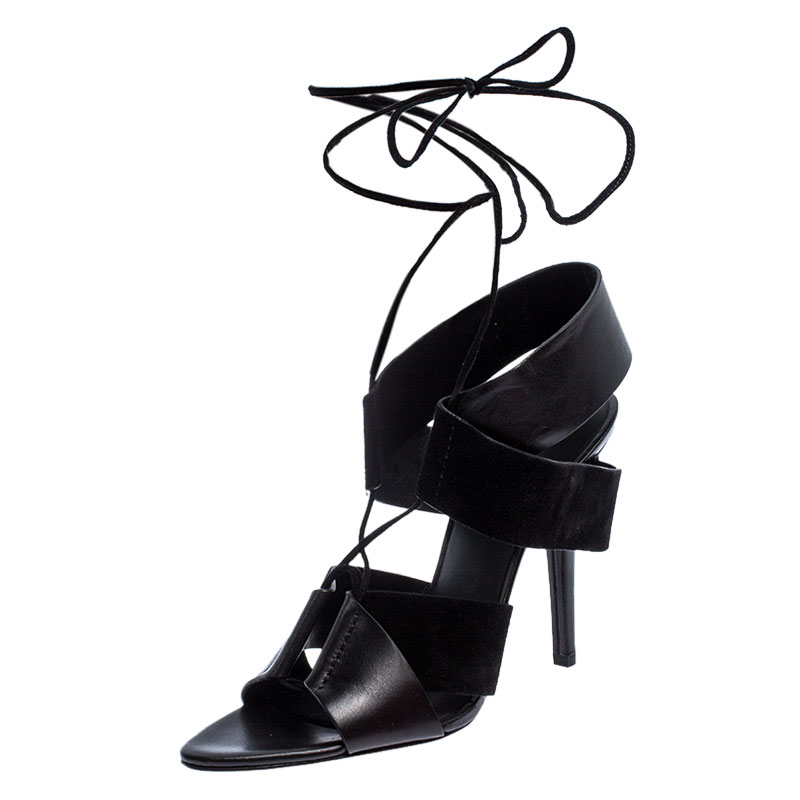 Image of Alexander Wang Black Leather and Suede Malgosia Ankle Wrap Sandals Size .