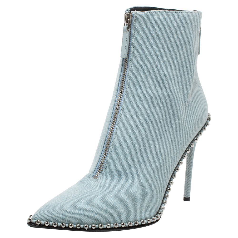 Image of Alexander Wang Light Blue Wash Denim Eri Studded Pointed Toe Ankle Boots Size