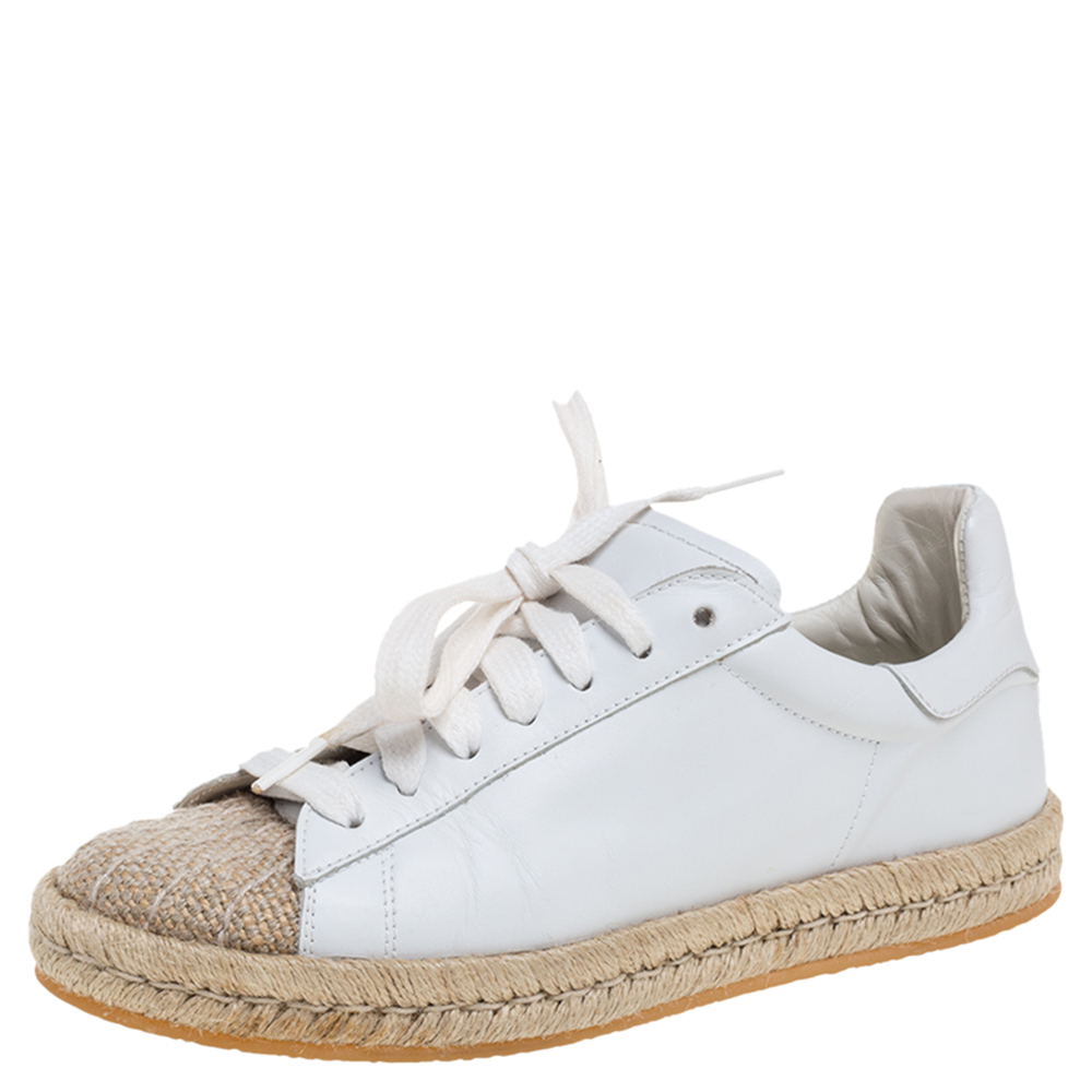 Image of Alexander Wang White Leather And Jute Cap Toe Espadrilles Low Top Sneakers Size