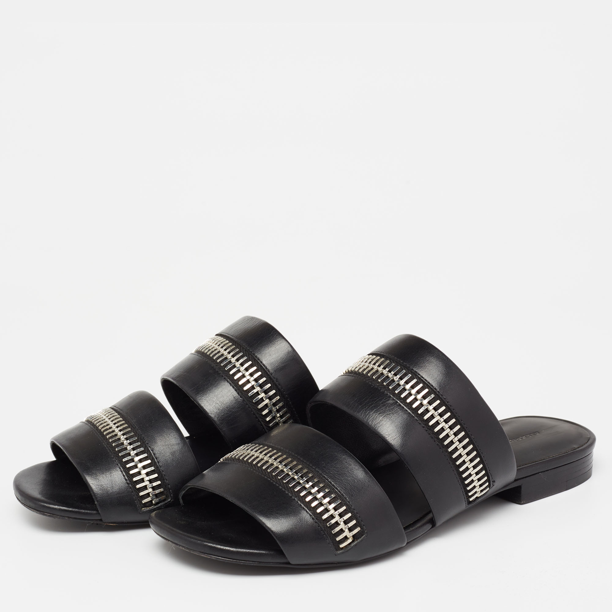 

Alexander Wang Black Leather Zip Detail Flat Sandals Size