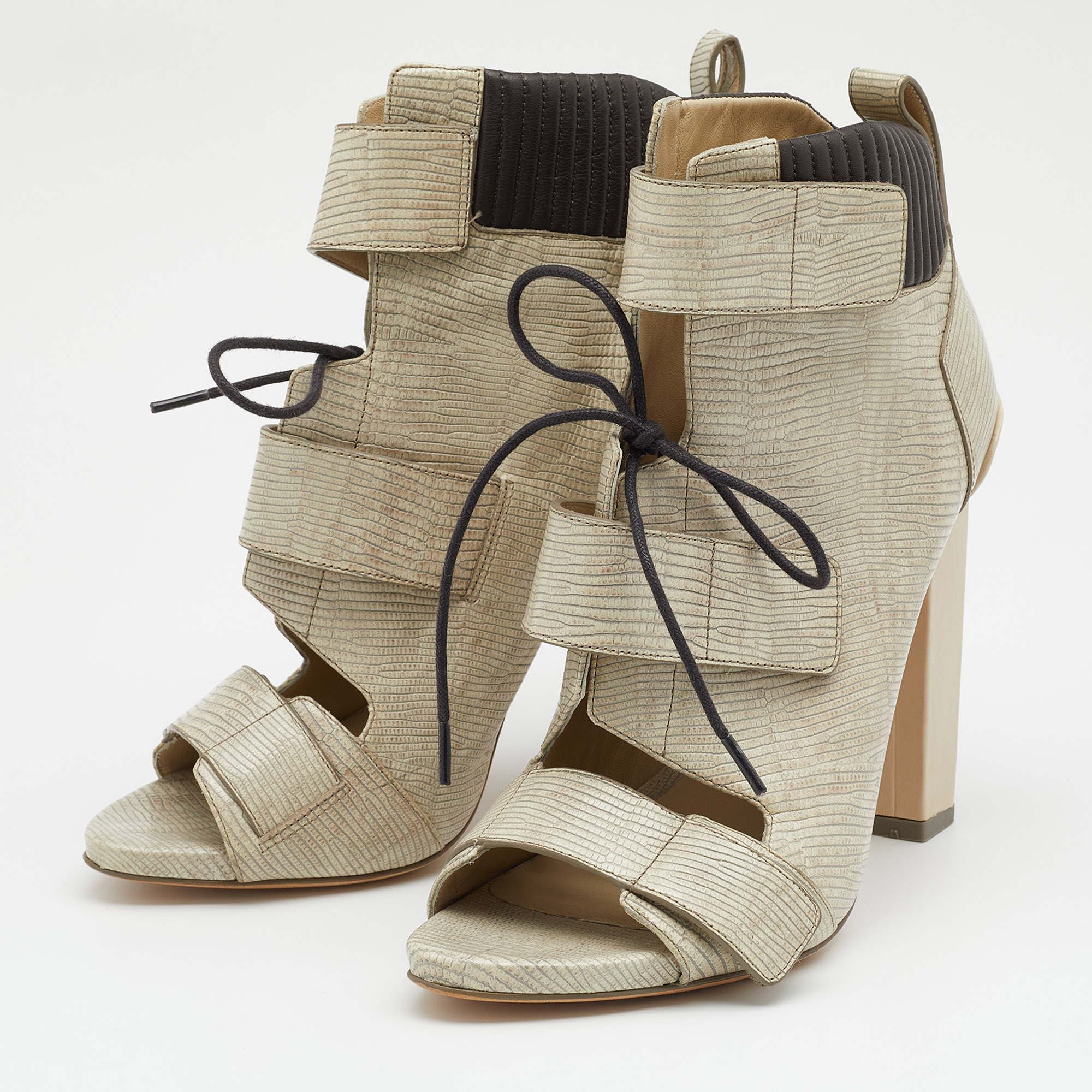 

Alexander Wang Off White Lizard Embossed Leather Open Toe Booties Size