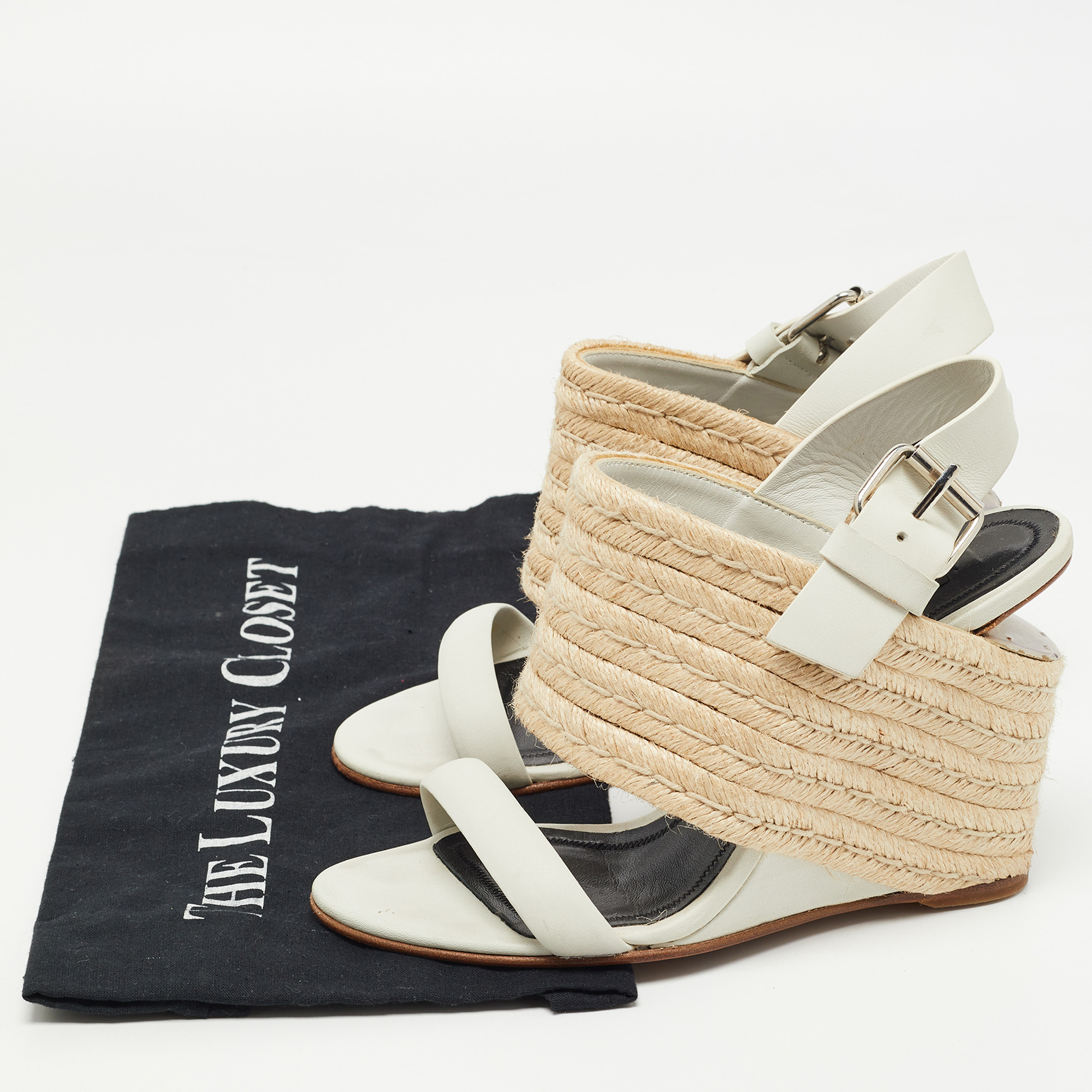 Alexander Wang Off White /Beige Leather And Jute Slingback Wedge Espadrille Sandals Size 38