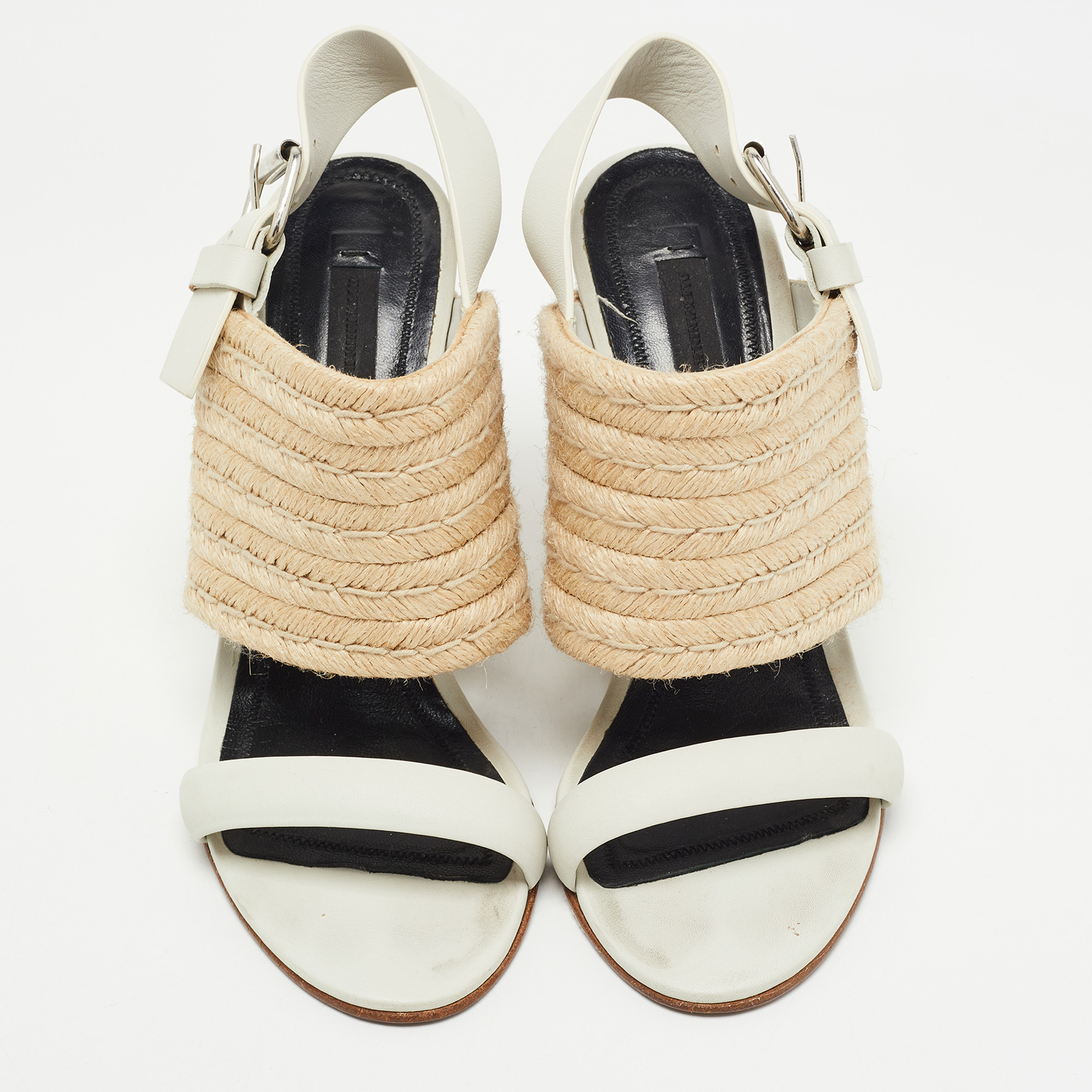 Alexander Wang Off White /Beige Leather And Jute Slingback Wedge Espadrille Sandals Size 38