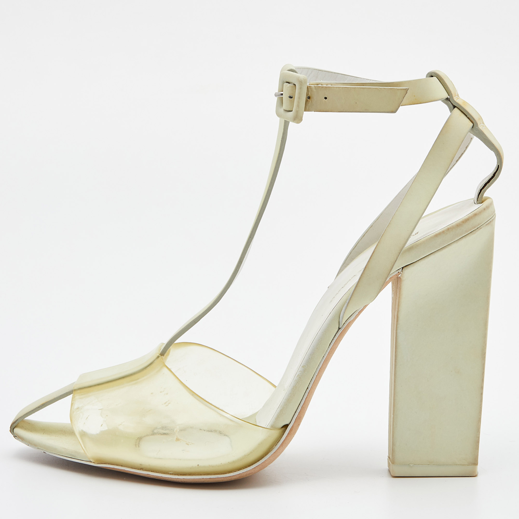 Alexander Wang Light Yellow Leather And PVC T-Bar Ankle Strap Pumps Size 38