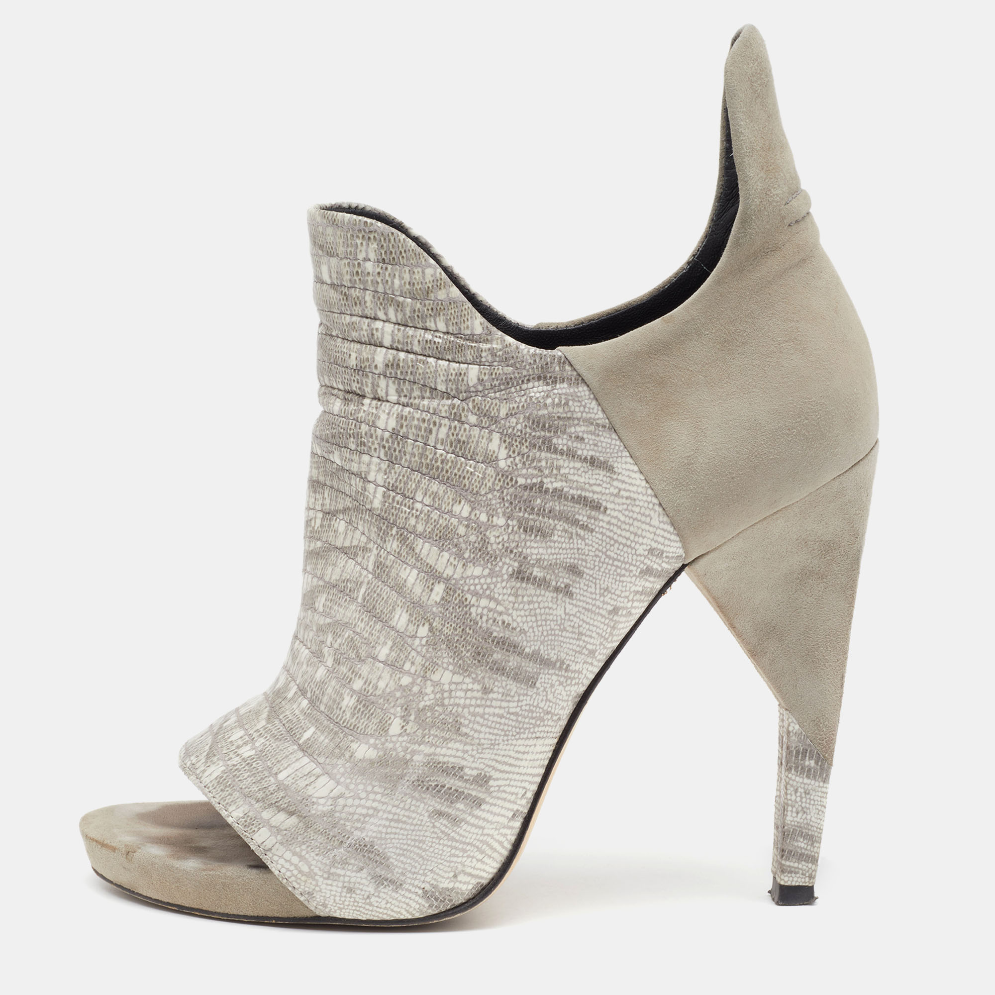 Alexander Wang Grey Lizard Embossed Leather And Suede Devon Graphic Ankle Boots Size 39