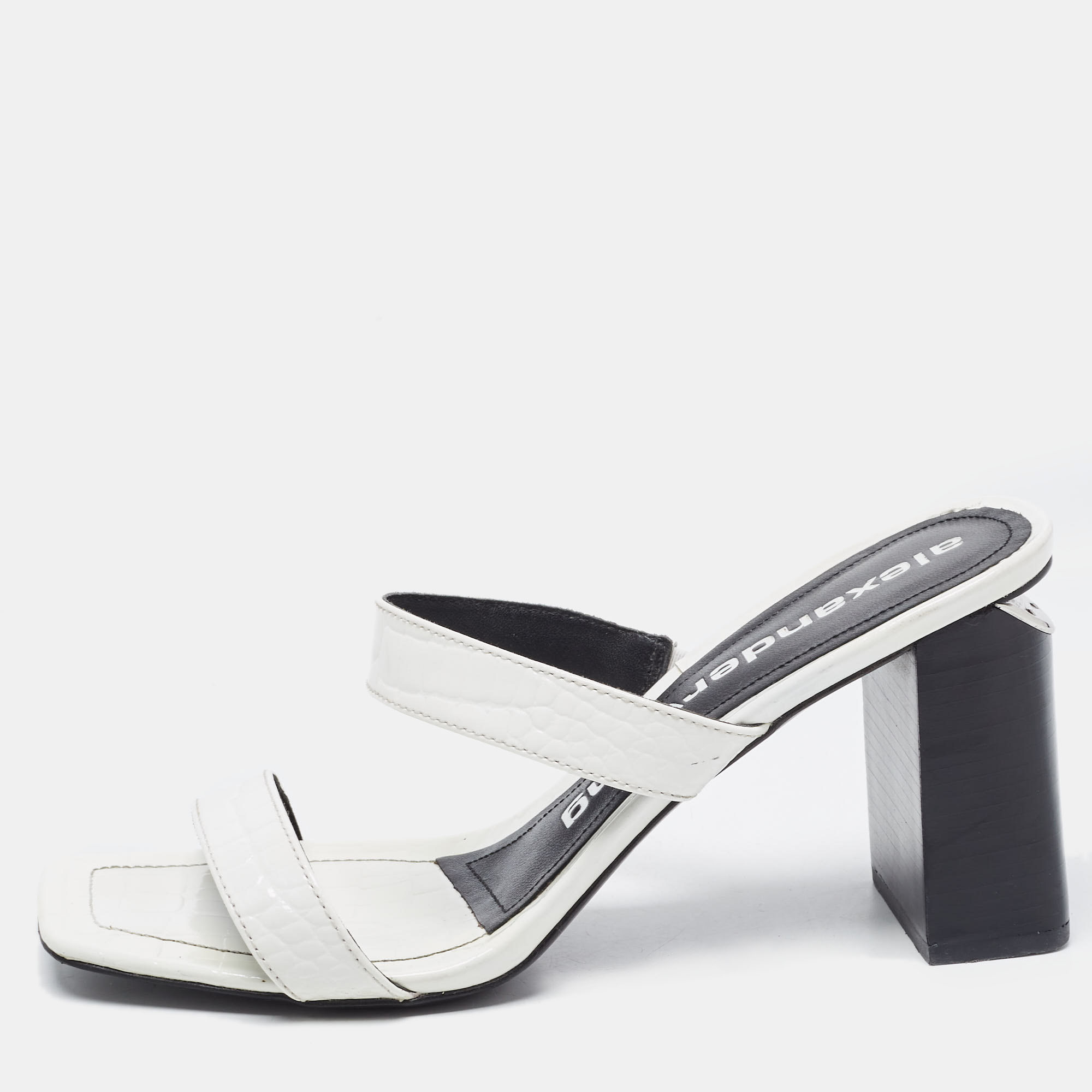 Alexander Wang White Croc Embossed Patent Leather Block Heel Slide Sandals Size 40