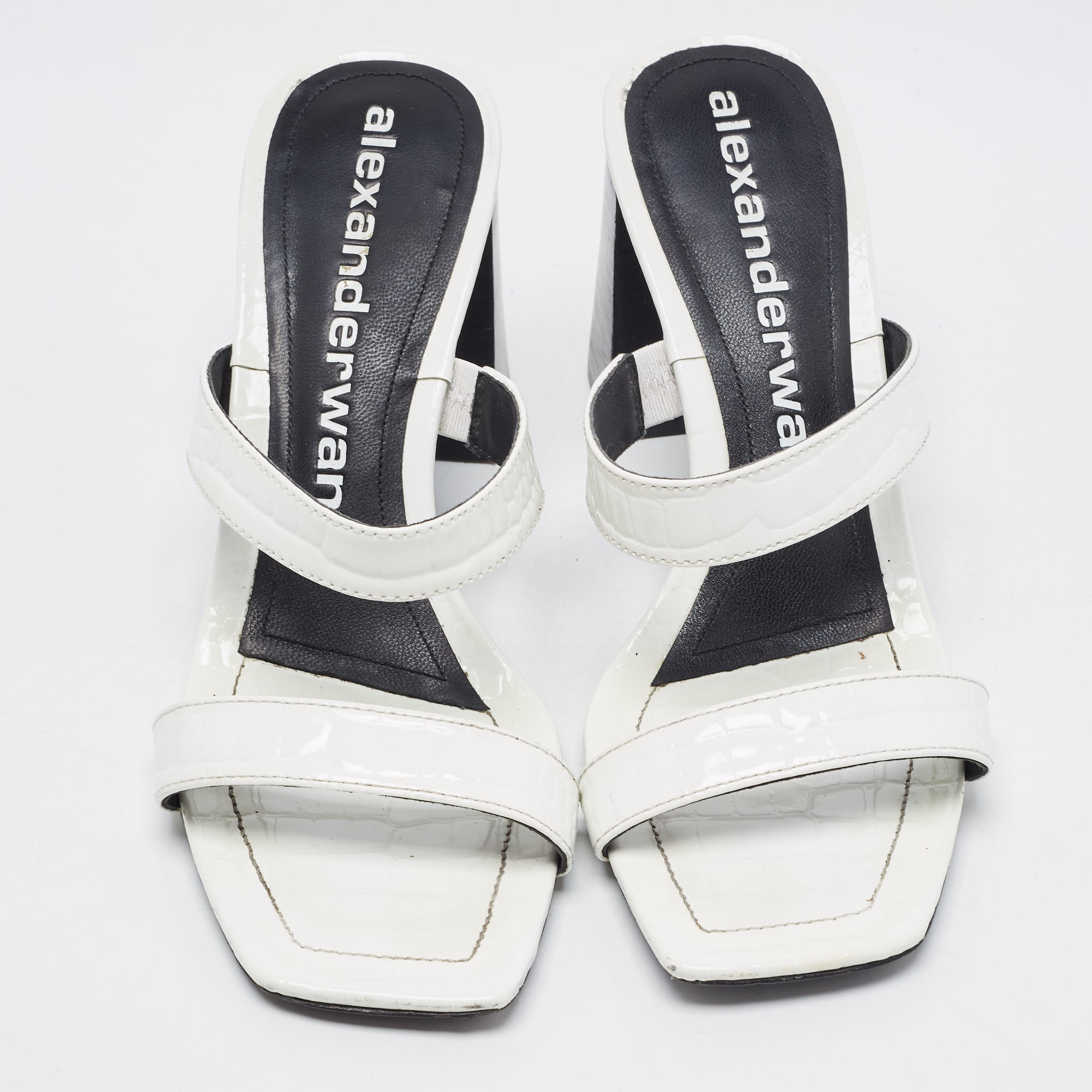 Alexander Wang White Croc Embossed Patent Leather Block Heel Slide Sandals Size 40