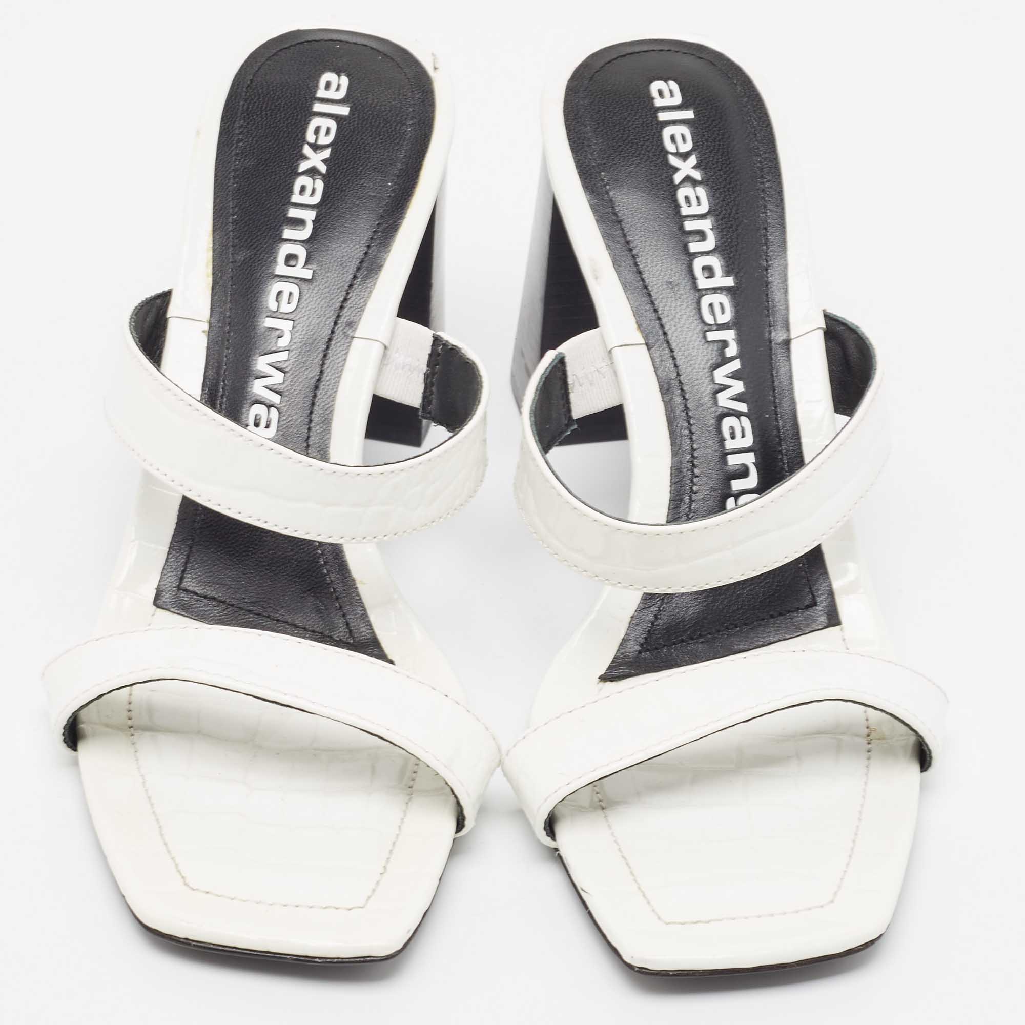 Alexander Wang White Croc Embossed Patent Leather Block Heel Slide Sandals Size 39