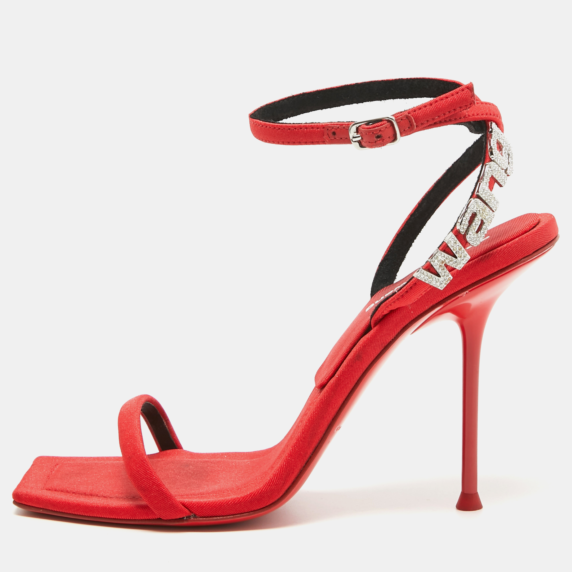 Alexander Wang Red Canvas Crystal Embellished Ankle Wrap Sandals Size 37