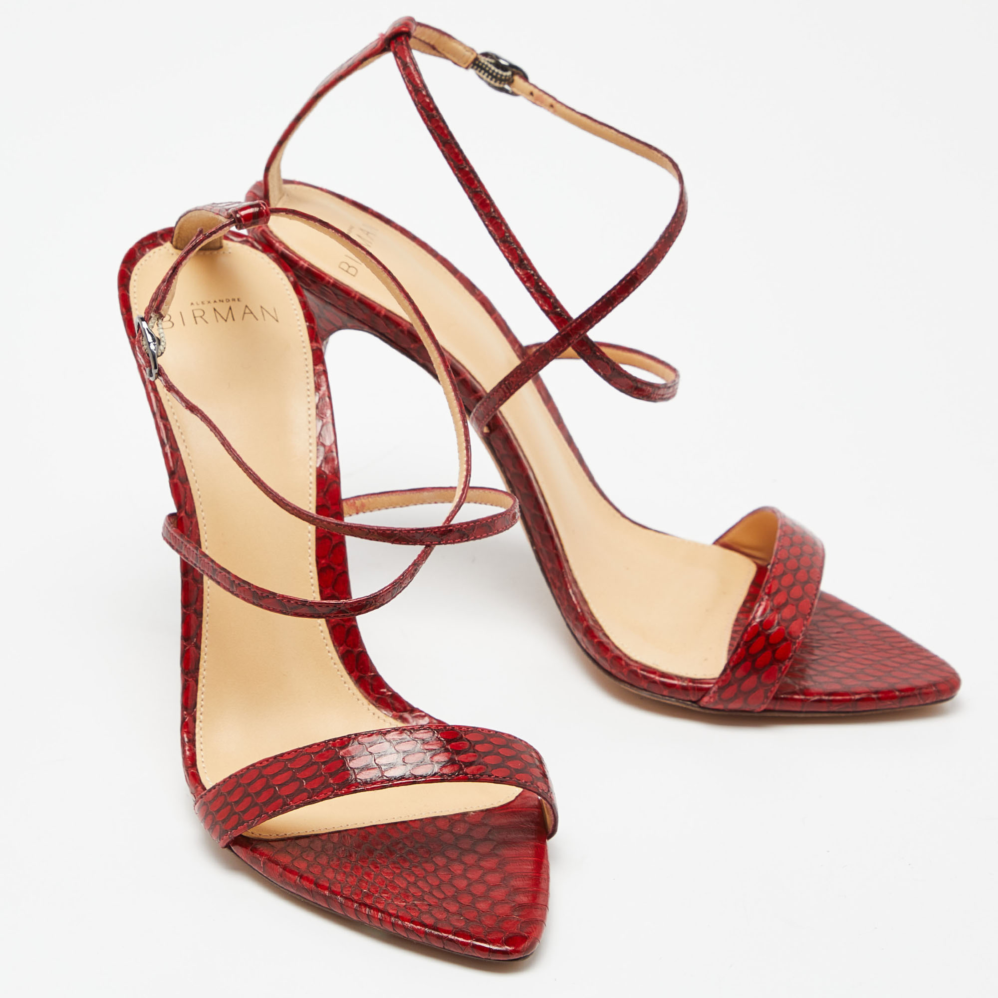 Alexandre Birman Red Python Leather Ankle Strap Sandals Size 39