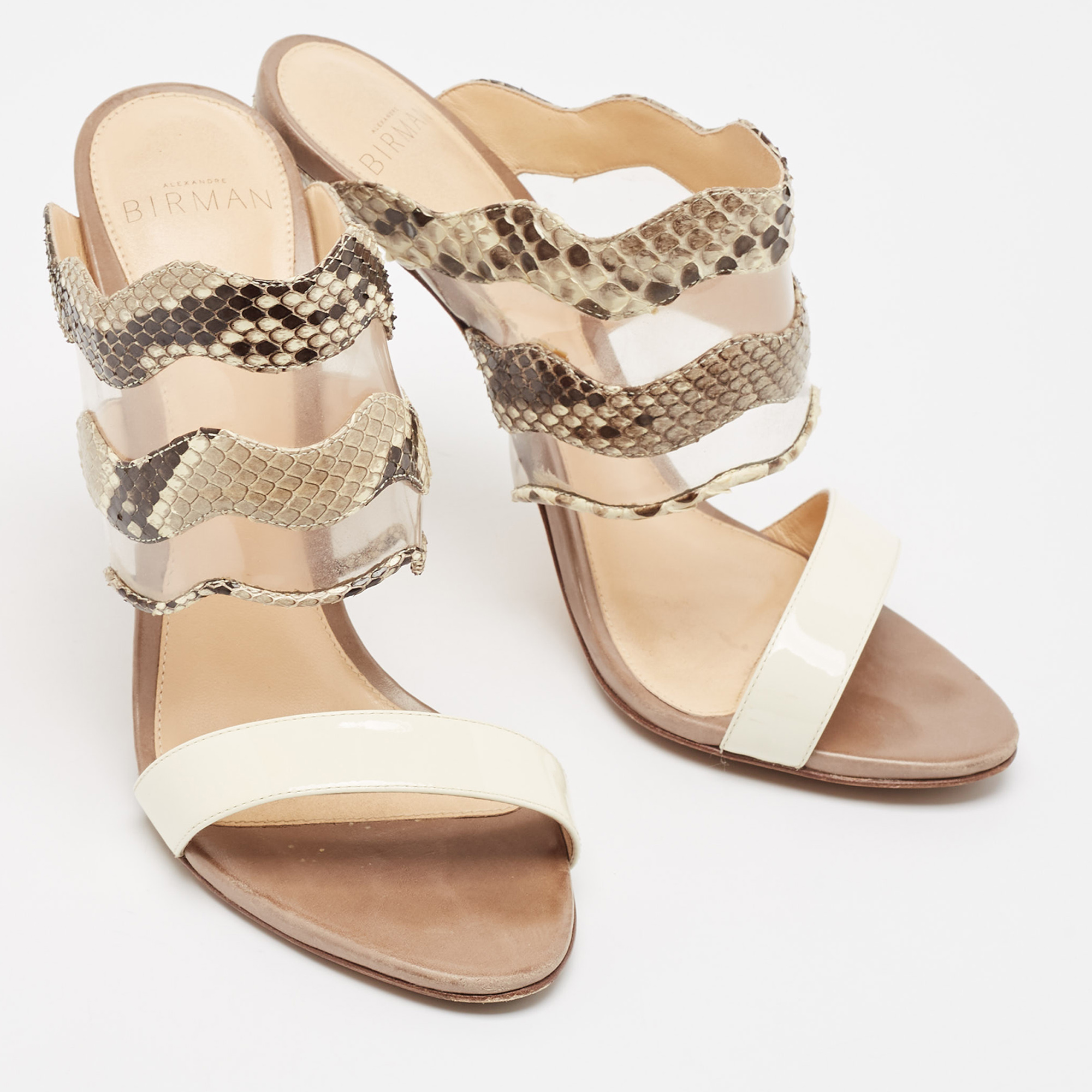 Alexandre Birman Beige/Brown Patent Leather And Python Open Toe Slide Sandals Size 37