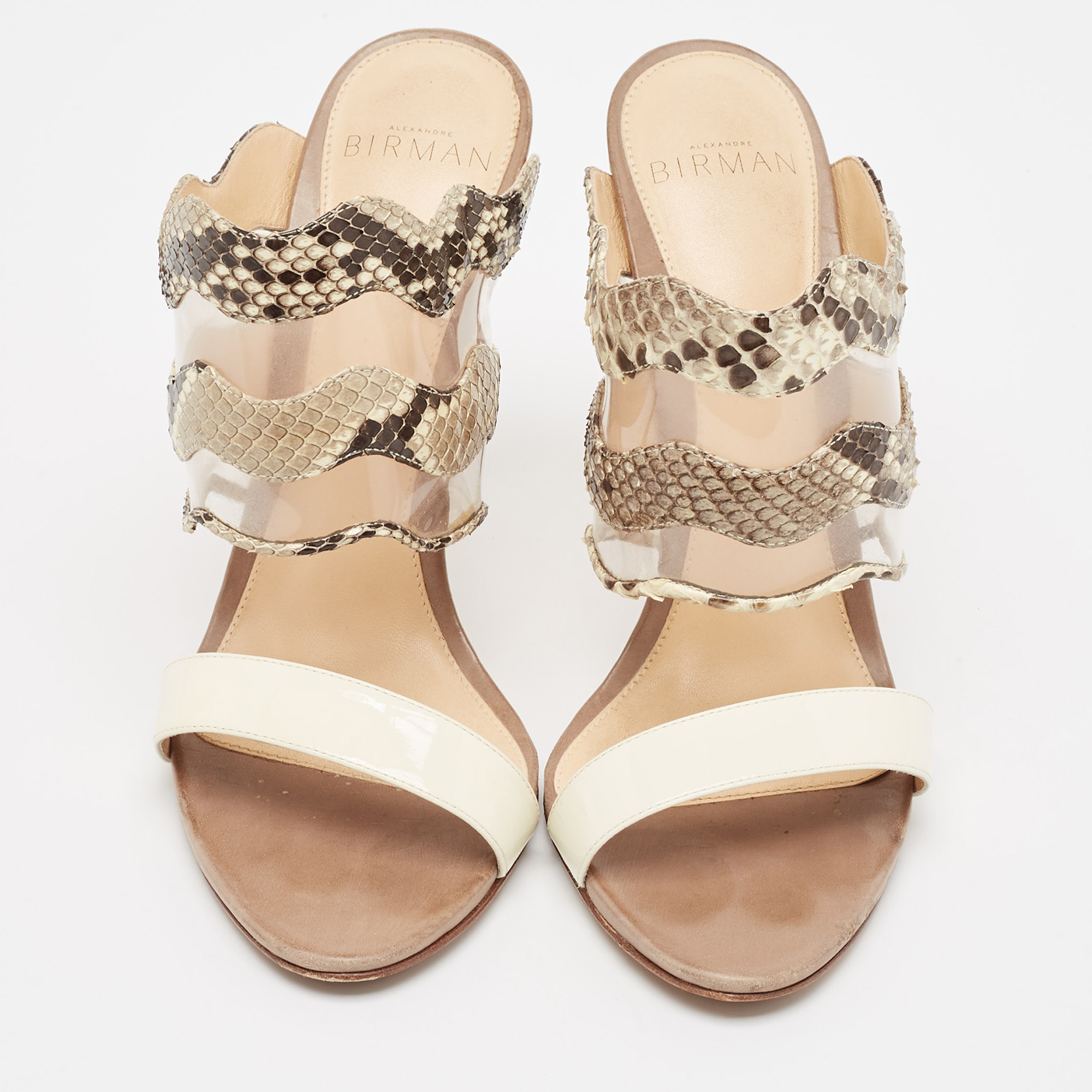 Alexandre Birman Beige/Brown Patent Leather And Python Open Toe Slide Sandals Size 37