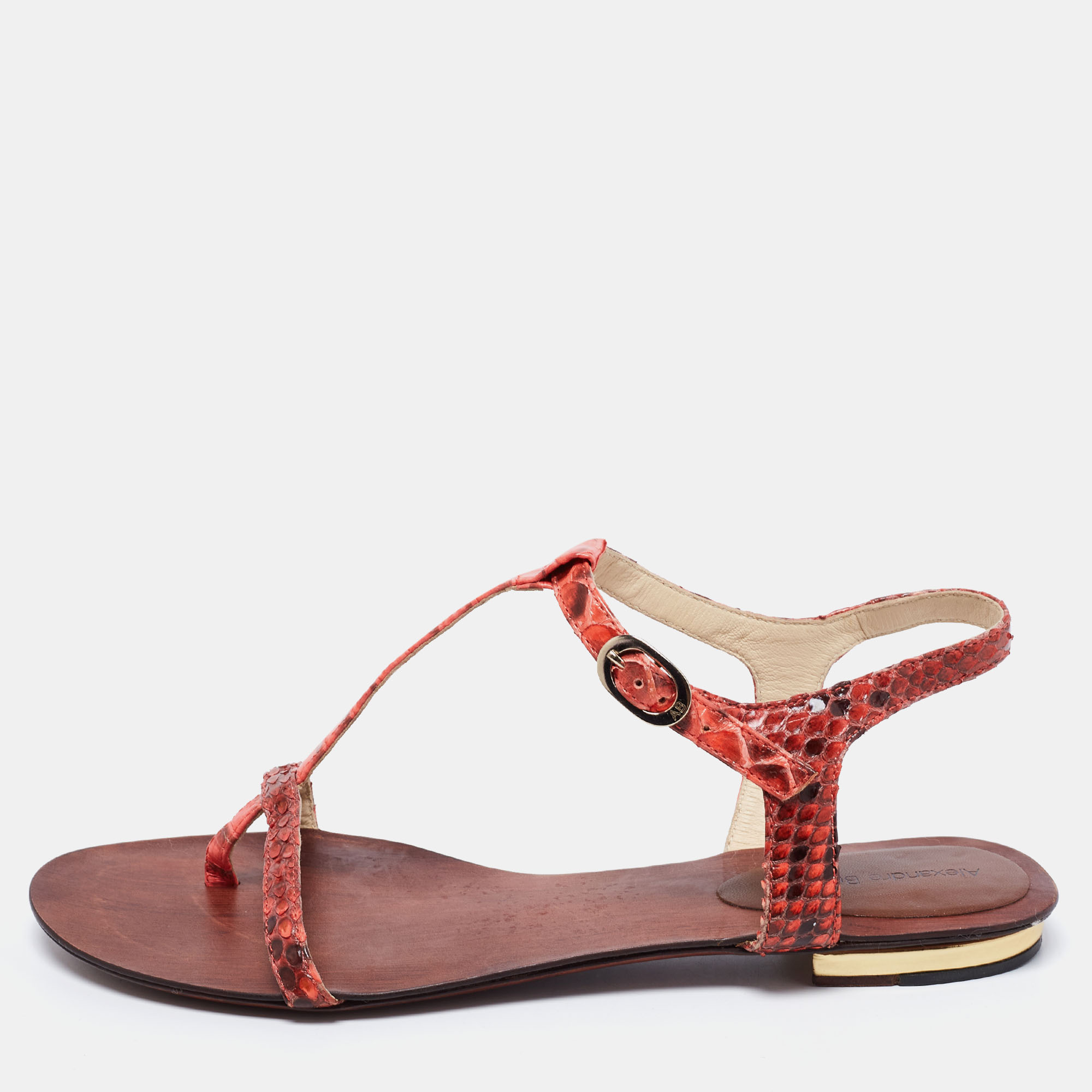 Alexandre birman red python leather t strap flat sandals size 38.5