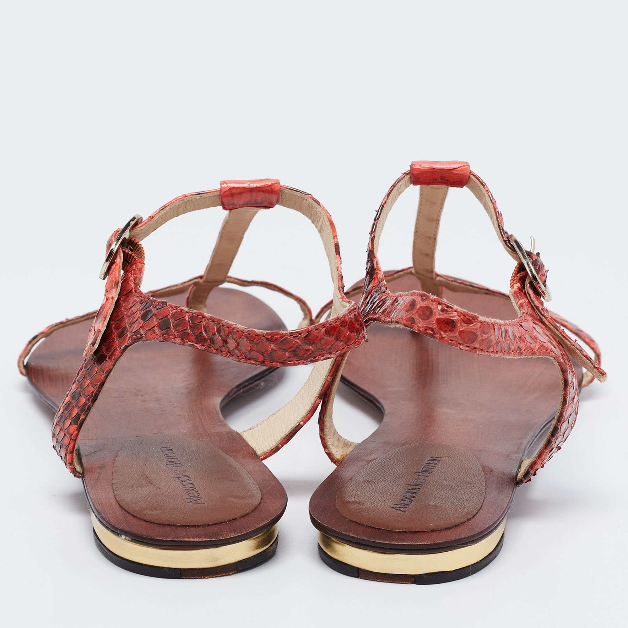 Alexandre Birman Red Python Leather T Strap Flat Sandals Size 38.5