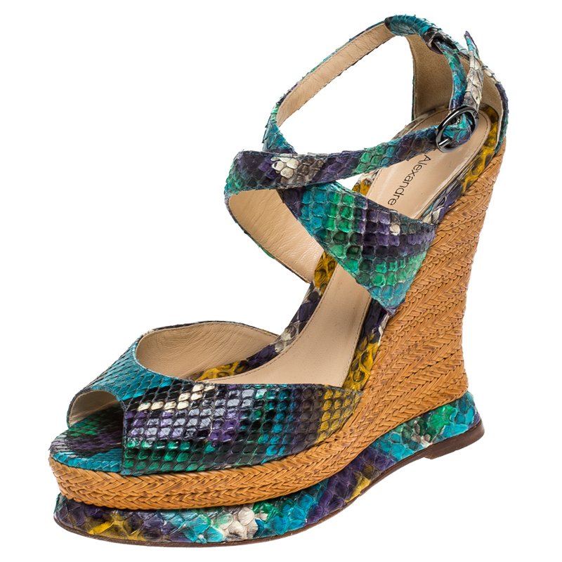 Image of Alexandre Birman Multicolor Python Leather Wedge Platform Ankle Strap Sandals Size
