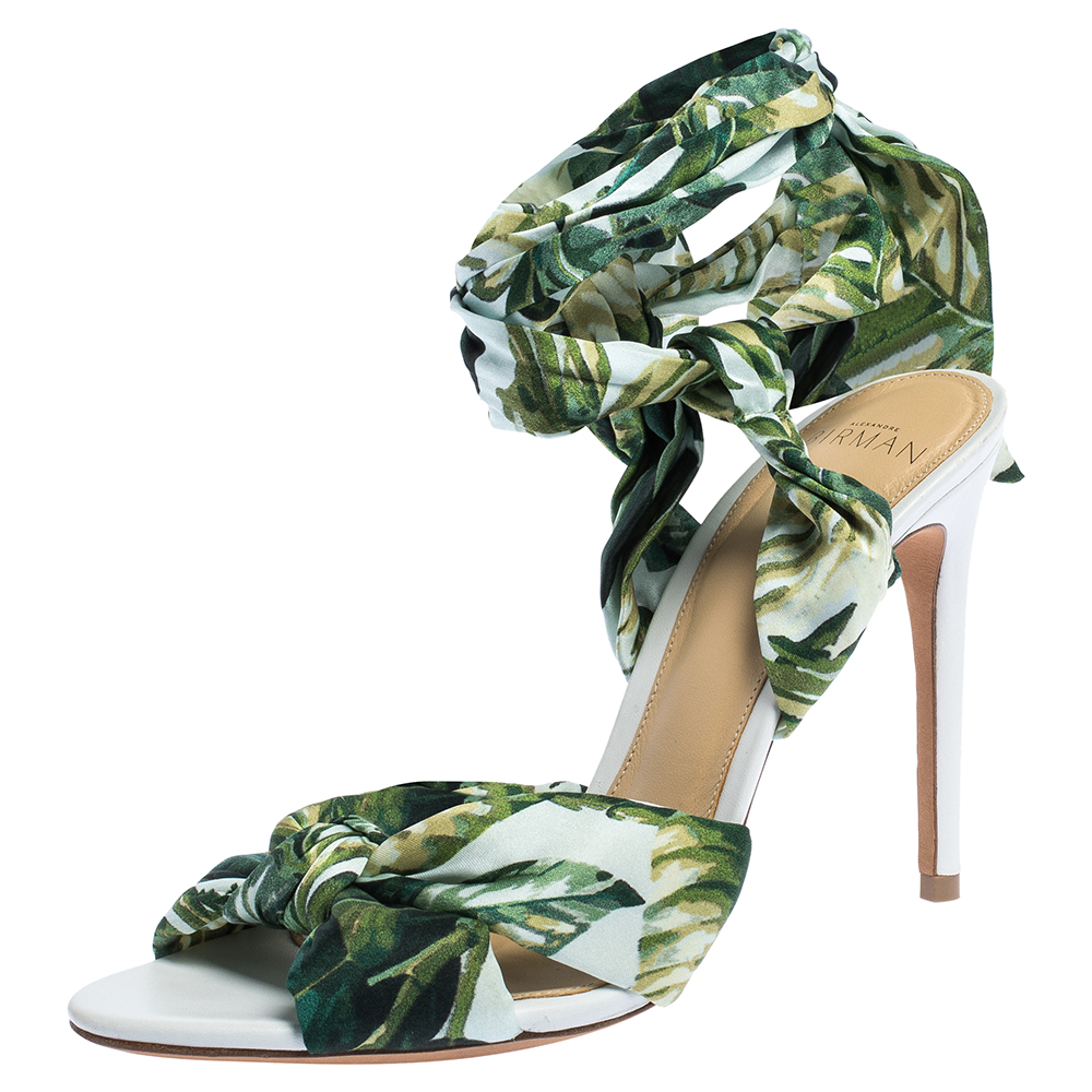 Image of Alexandre Birman Multicolor Leaf Print Fabric Kacey Knot Detail Ankle Wrap Sandals Size